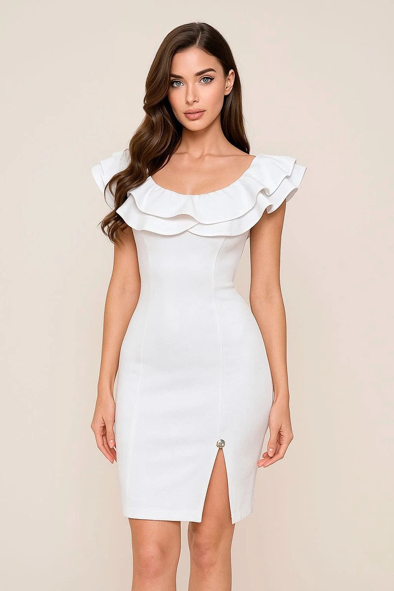 Miss Misses - Vestido Miss Misses Midi Babado Ombro a Ombro Offwhite - 19012OFF