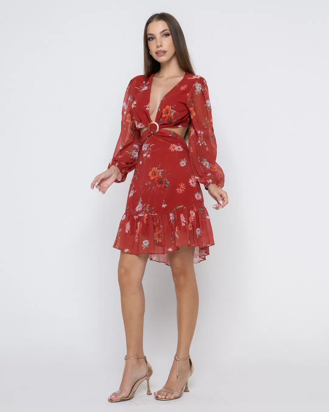 Oxigênio - Vestido Oxigênio Rodado Vazado Lateral Estampado Vermelho - 2255175VERM