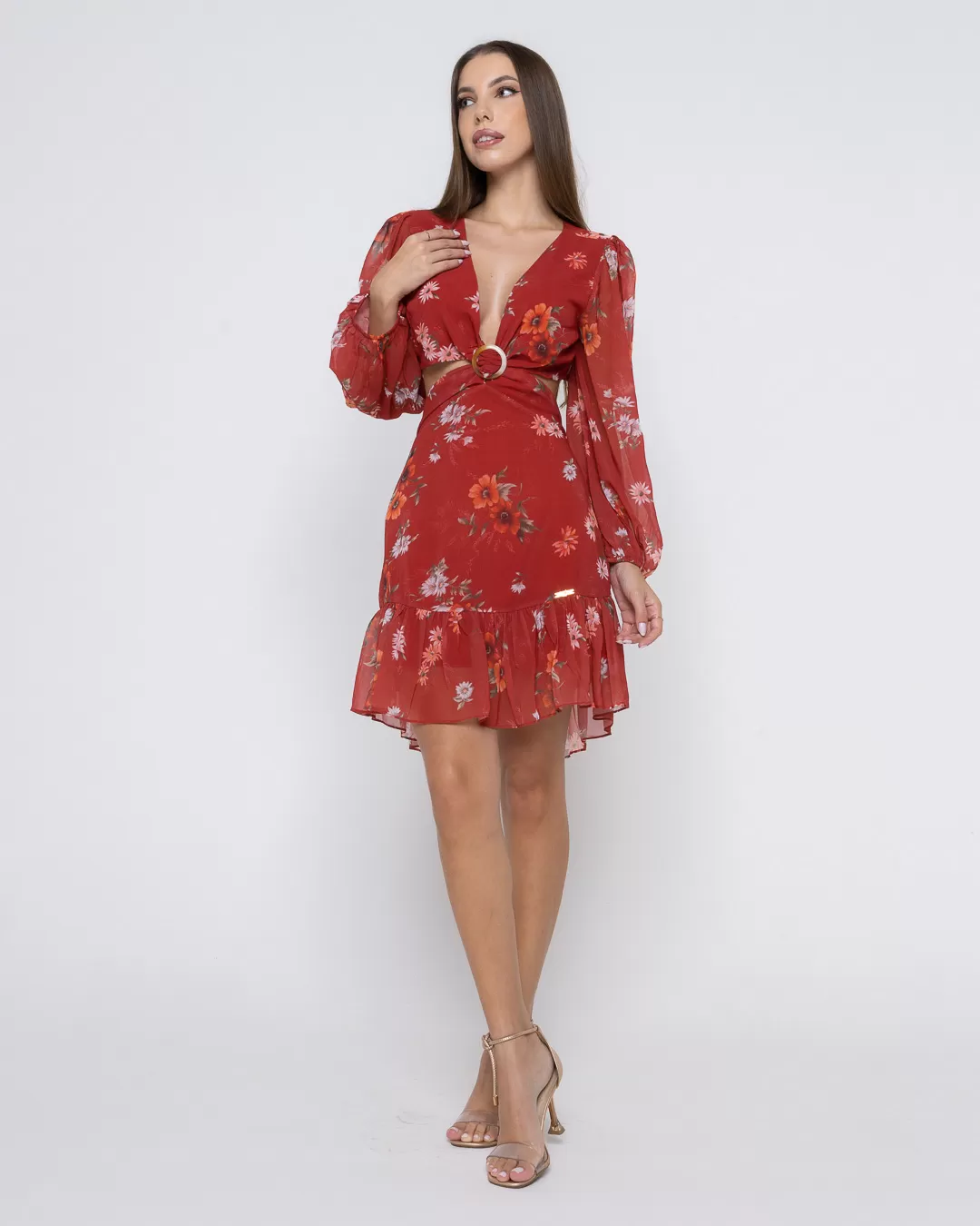 Oxigênio - Vestido Oxigênio Rodado Vazado Lateral Estampado Vermelho - 2255175VERM