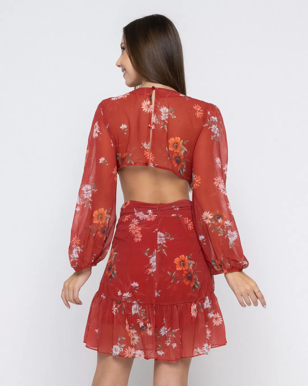 Oxigênio - Vestido Oxigênio Rodado Vazado Lateral Estampado Vermelho - 2255175VERM