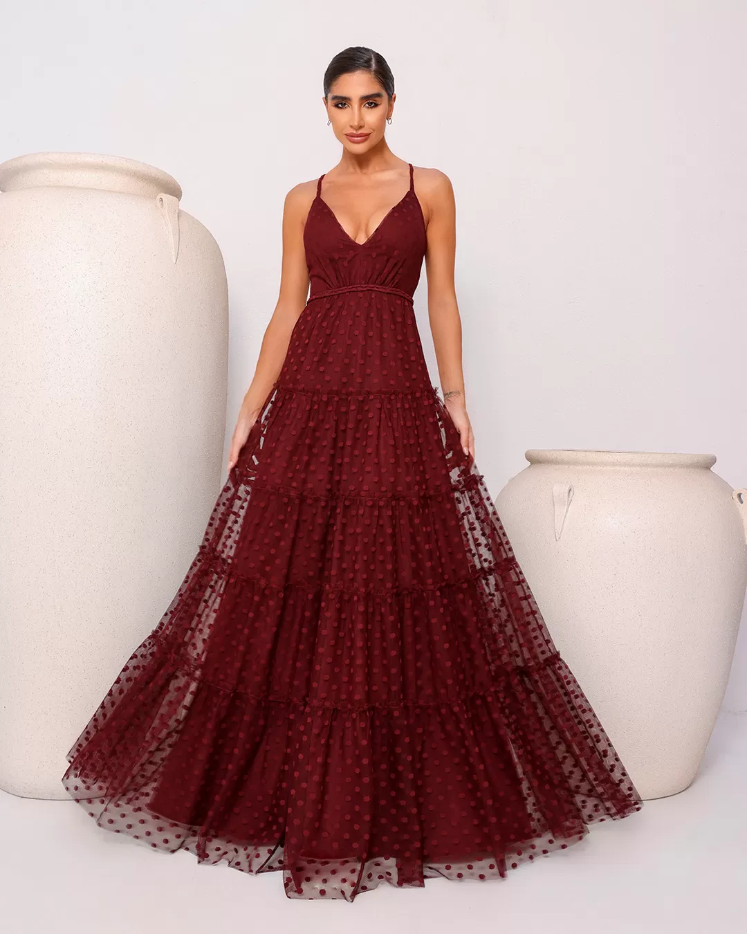 Dot Clothing - Dress Dot Clothing Long Tulle Poá Bordo - 1889BORDO