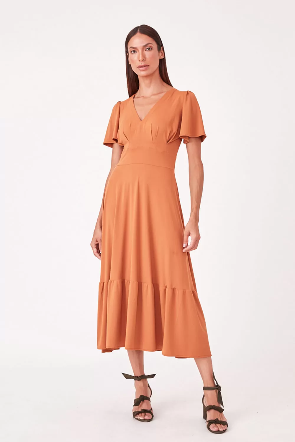 Hidrogênio - VESTIDO FLUITY MIDI COM PALA E PREGAS E BABADO TERRA - 19607332
