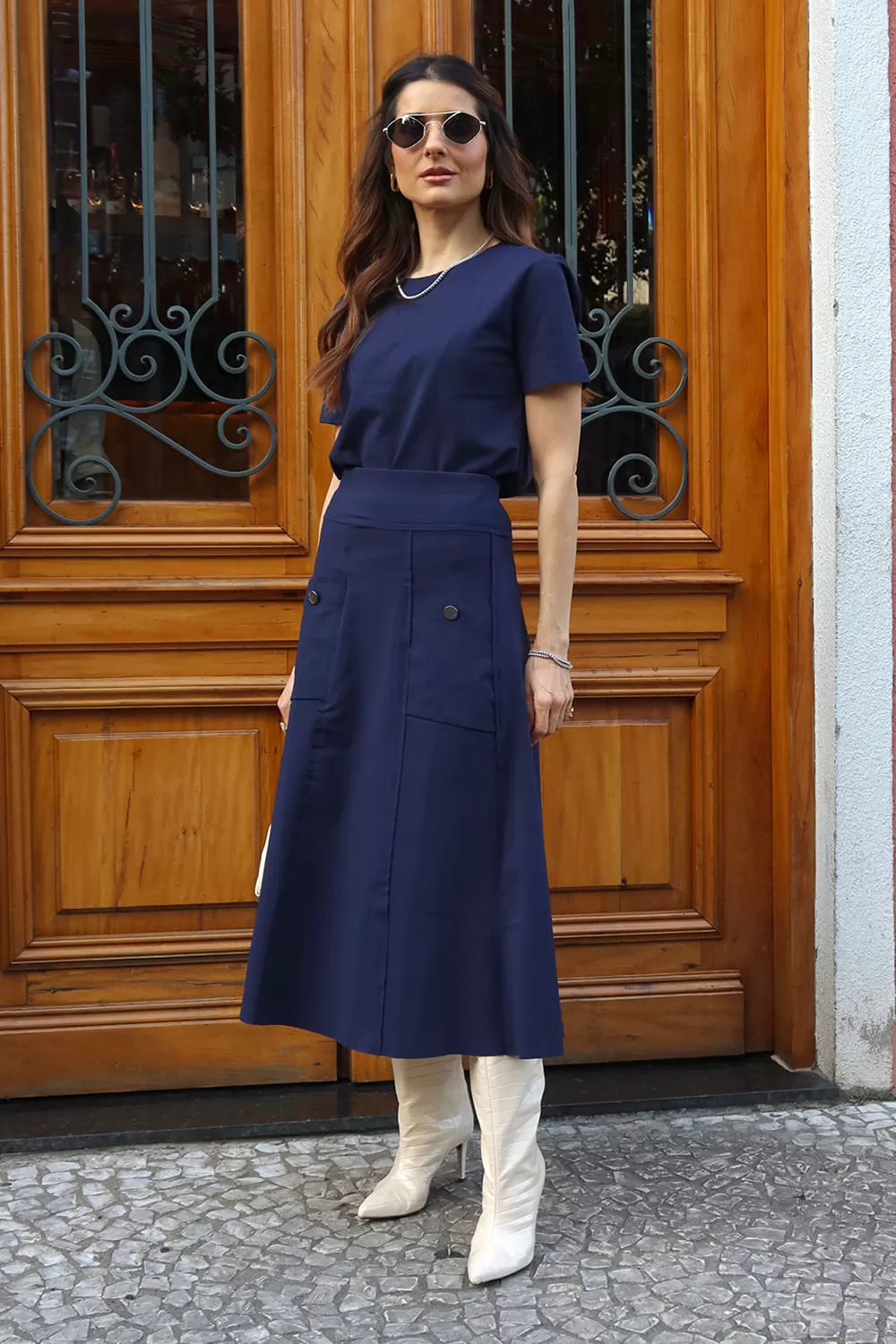 Hidrogênio - MIDI SKIRT WITH KNIFE CUTOUTS AND ECLIPSE BUTTONS - 19679207