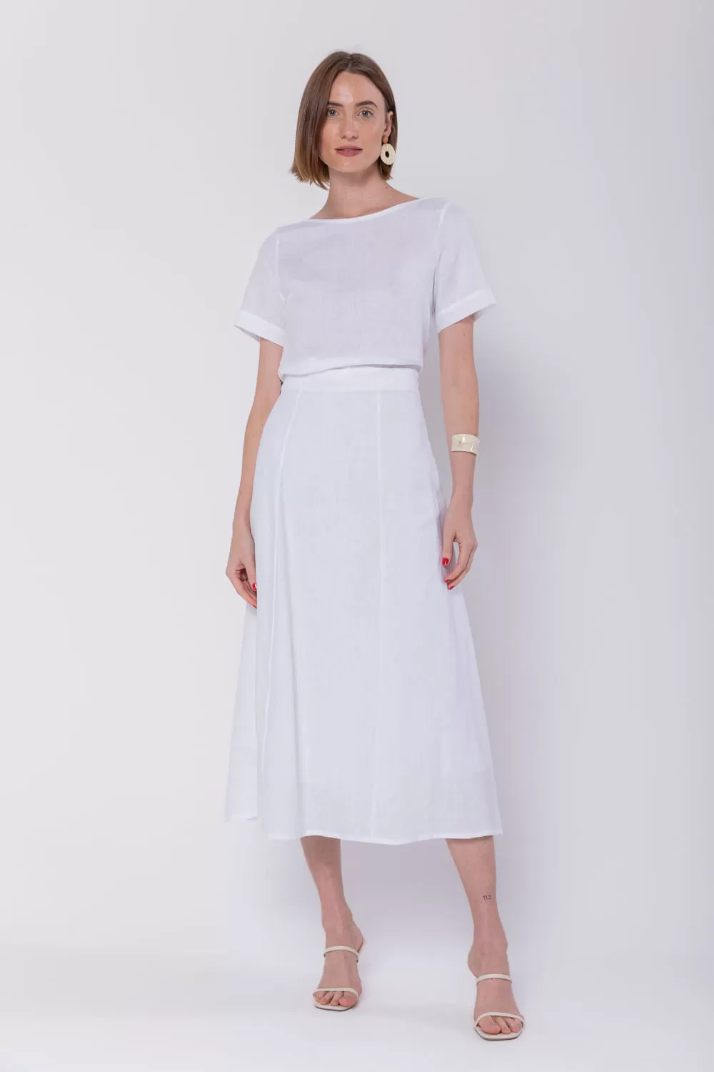 Hidrogênio - WHITE LINEN EVASE MIDI SKIRT - 19794002