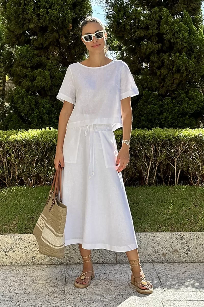 Hidrogênio - SAIA EVASE MIDI 100% LINHO BRANCO - 19800002