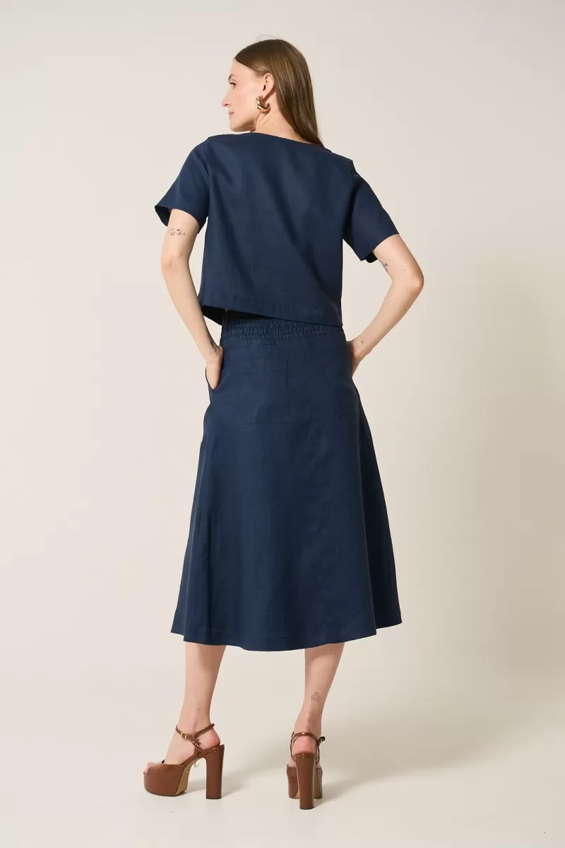 Hidrogênio - SAIA EVASE MIDI 100% LINHO MARINHO - 19800004