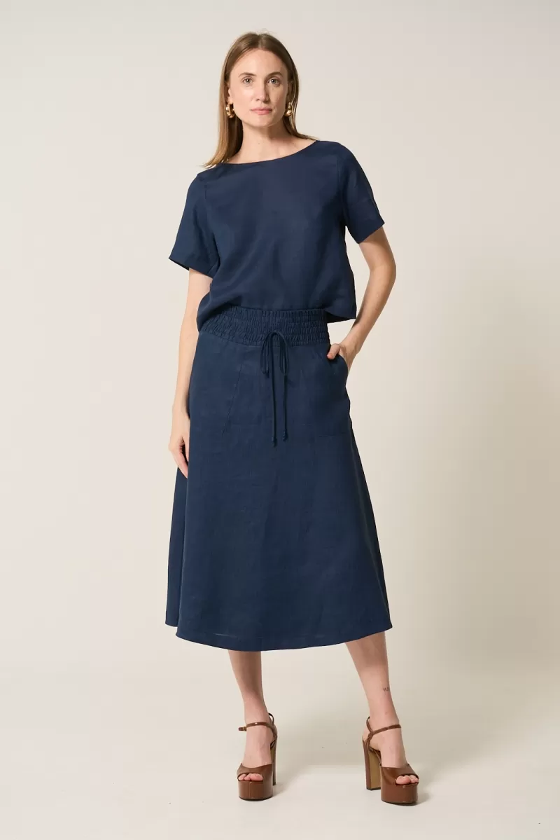 Hidrogênio - SAIA EVASE MIDI 100% LINHO MARINHO - 19800004