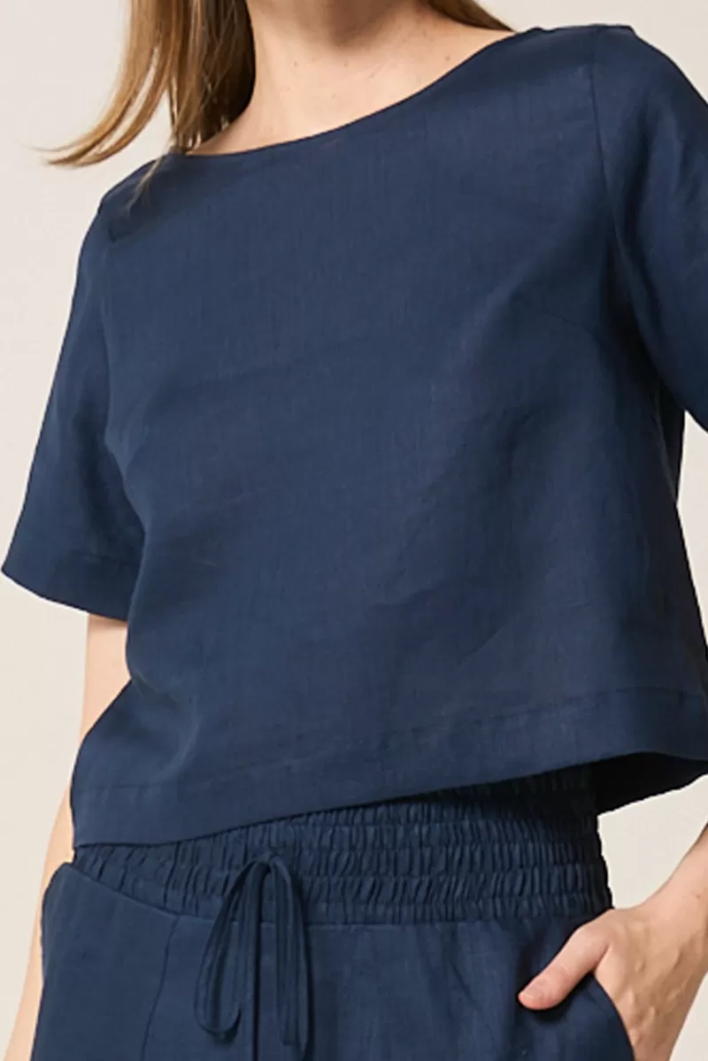 Hidrogênio - NAVY LINEN CROPPED BLOUSE - 19801004