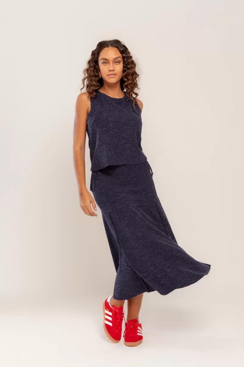 Hidrogênio - NAVY THREAD EVASE MIDI SKIRT - 19805004