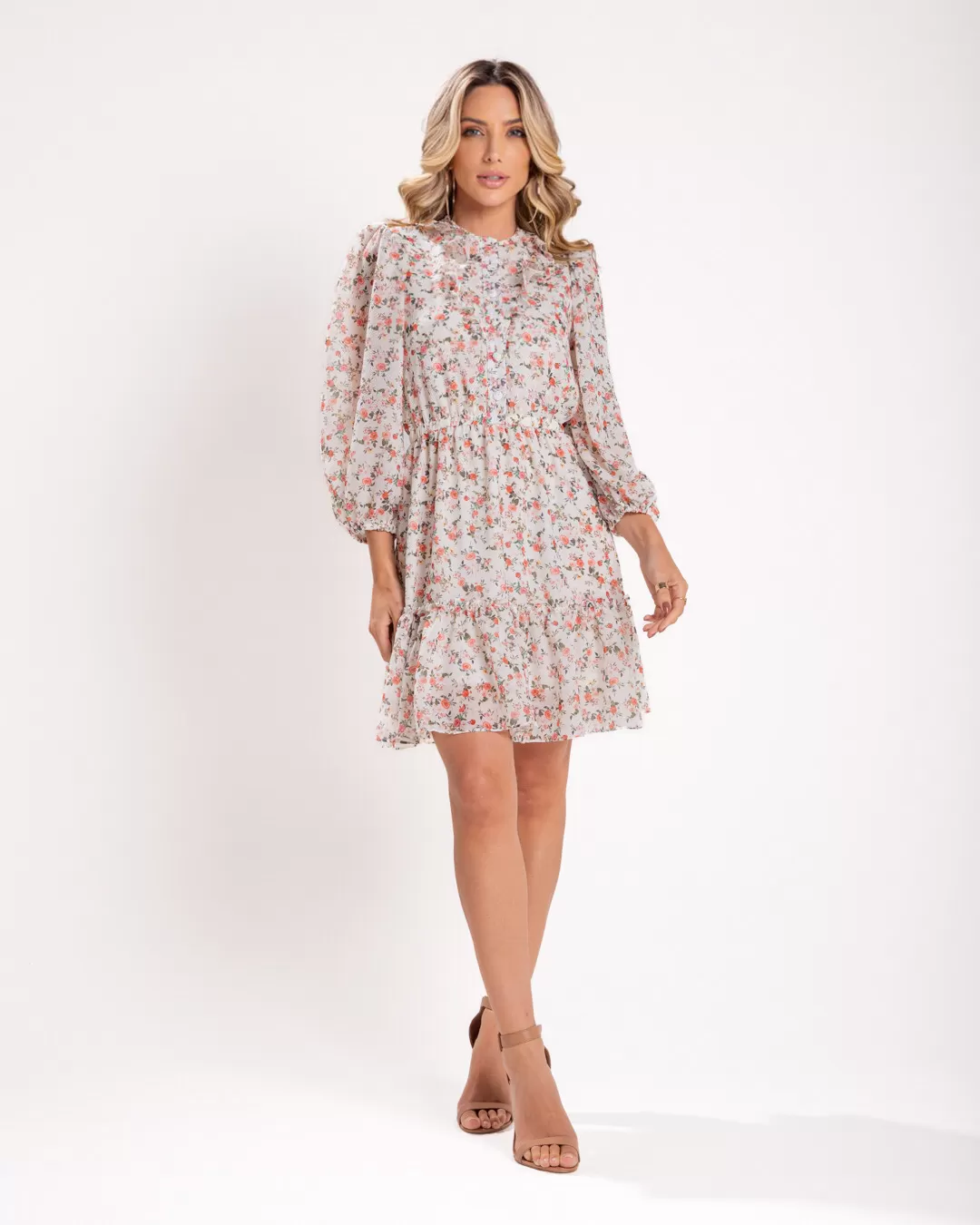 Miss Misses - Vestido Miss Misses Chiffon Estampado Babados Off White - 54105OFF