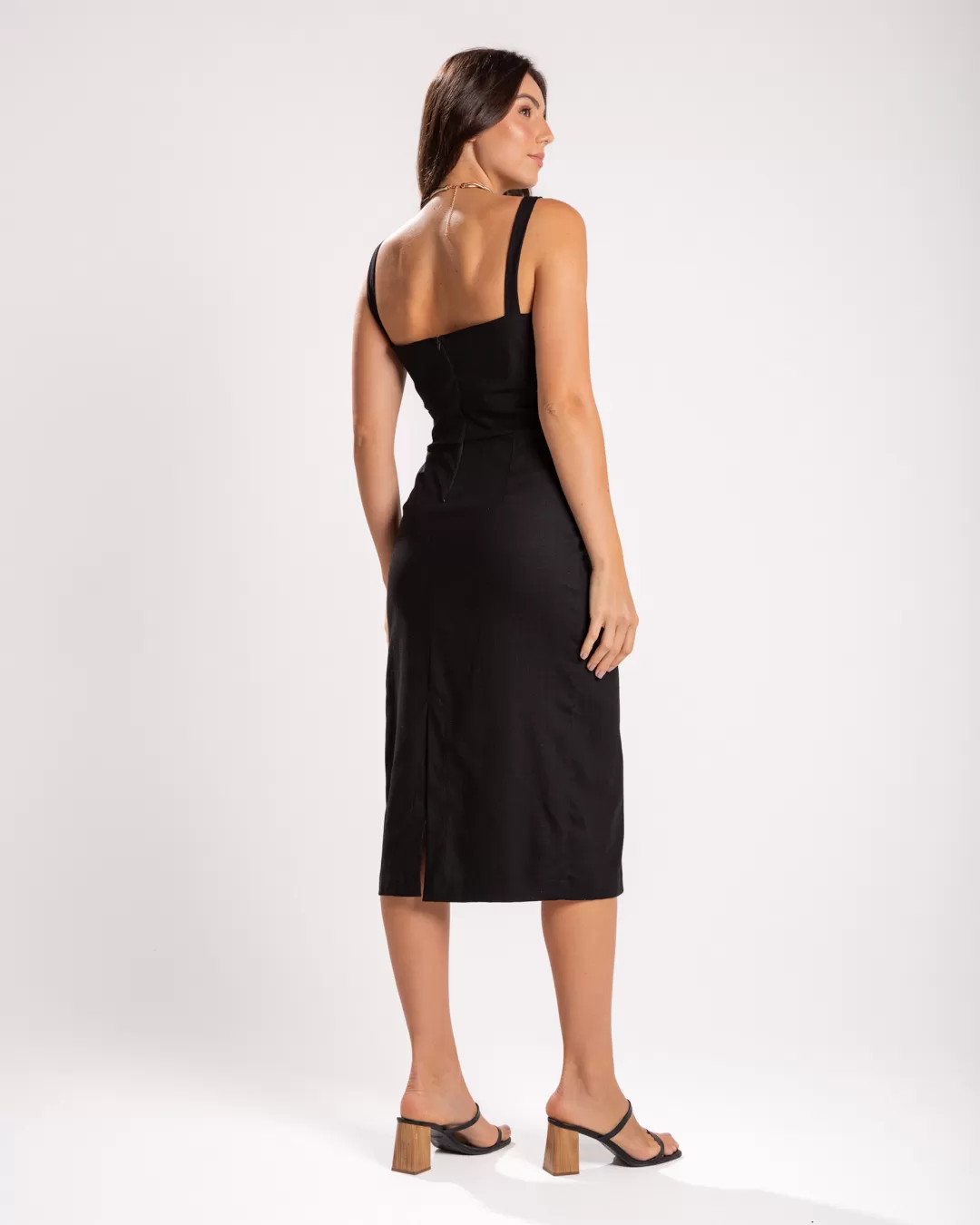 Miss Misses - Miss Misses Linen Dress with Side Opening Black - 54123PRETO