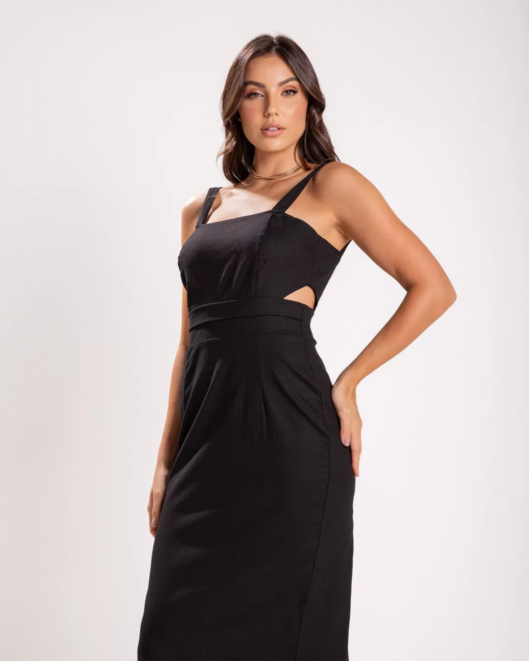 Miss Misses - Miss Misses Linen Dress with Side Opening Black - 54123PRETO