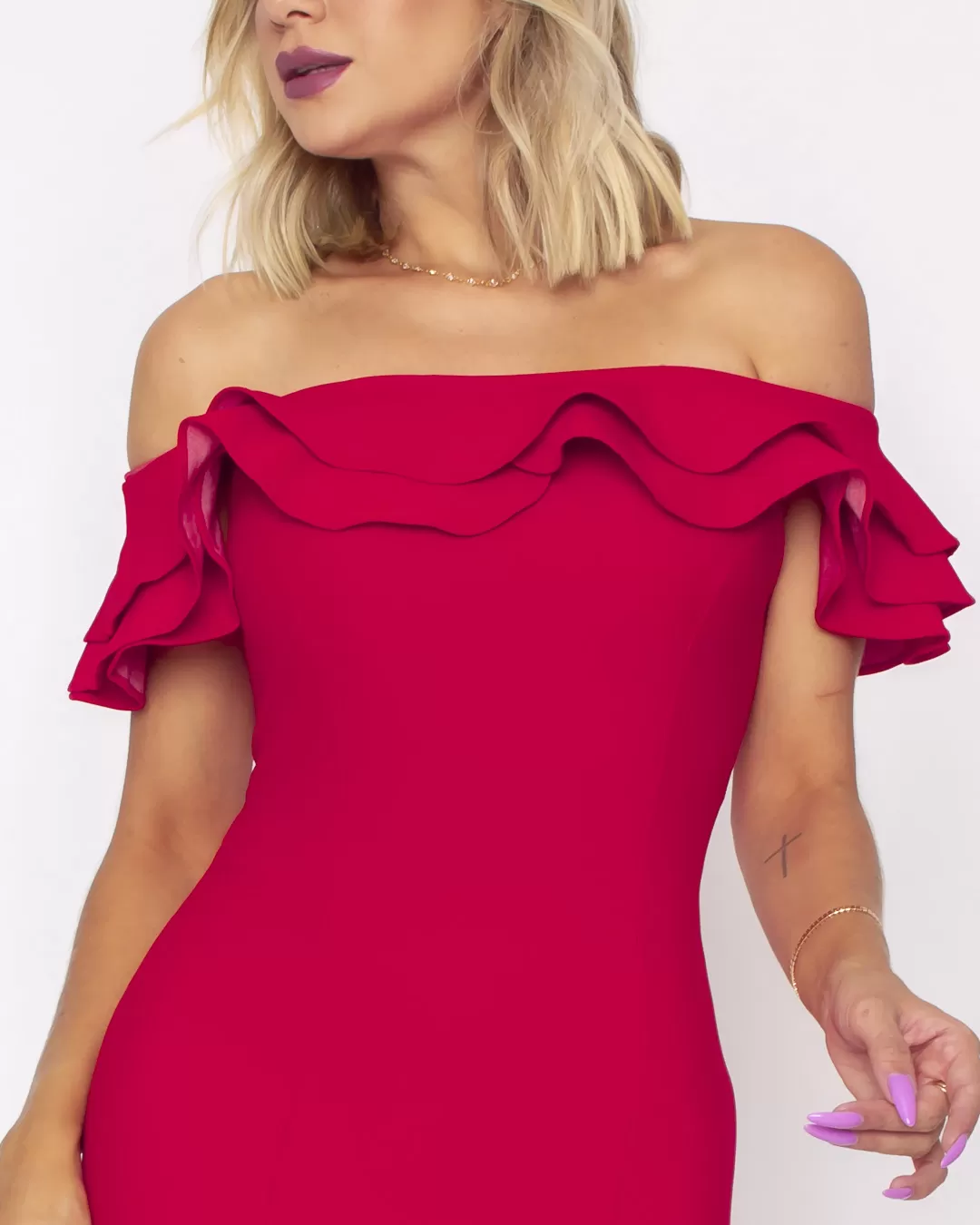 Miss Misses - Vestido Miss Misses Midi Babado Ombro a Ombro Vermelho - 19012VERM