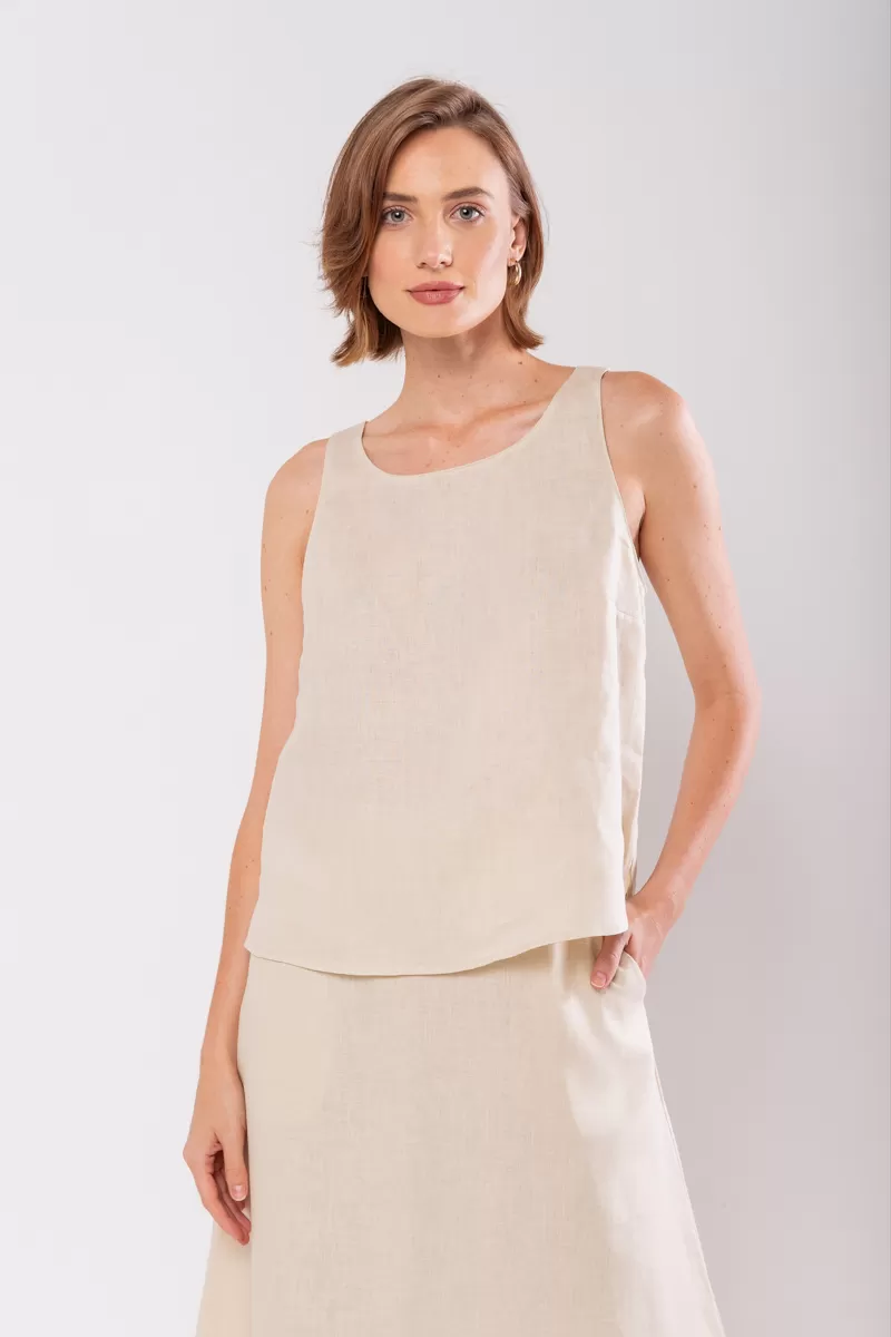 Hidrogênio - REGATA DECOTE OVAL 100% LINHO CREME - 19869016