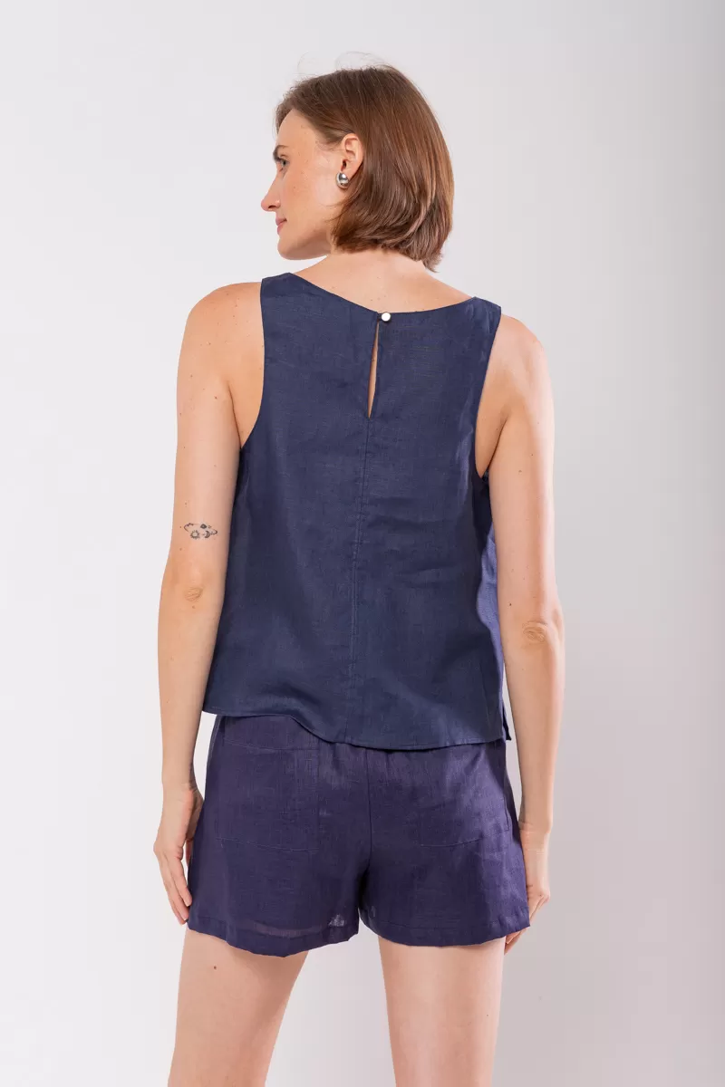 Hidrogênio - REGATA DECOTE OVAL 100% LINHO MARINHO - 19869004