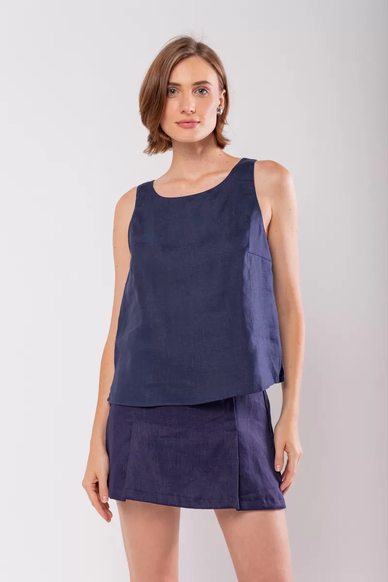 Hidrogênio - REGATA DECOTE OVAL 100% LINHO MARINHO - 19869004