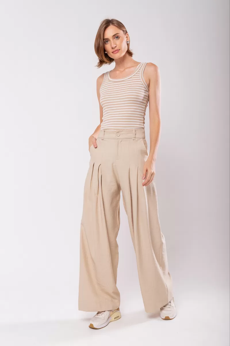 Hidrogênio - CALÇA PANTALONA COM DUAS PREGAS MARIANNE BEGE - 19769003