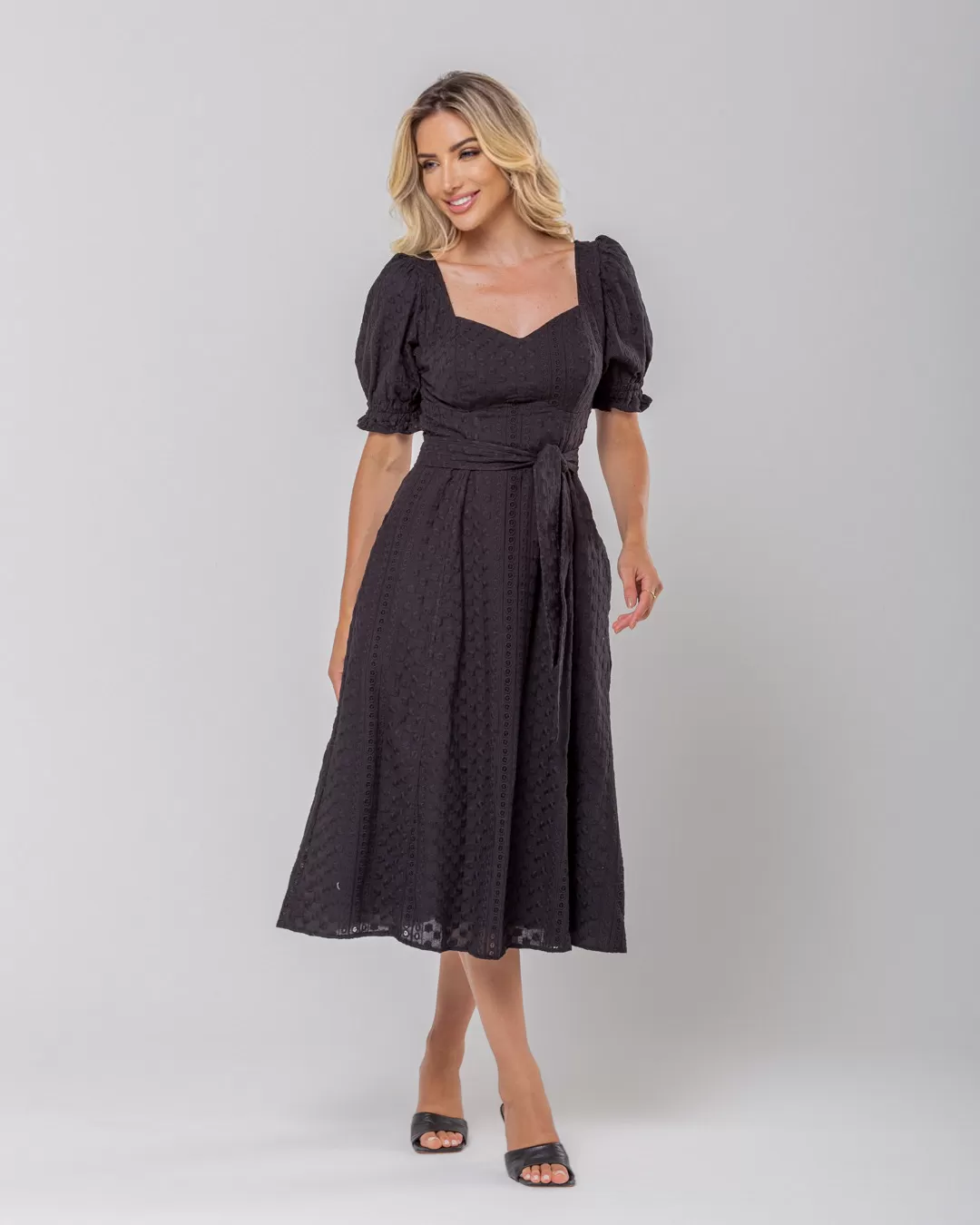 Miss Misses - Miss Misses Midi Princess Sleeve Dress With Sash Black - 54130PRETO
