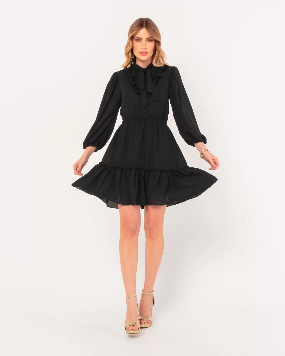 Miss Misses - Dress Miss Misses Crepe Puff Sleeve Frill Black - 54098PRETO