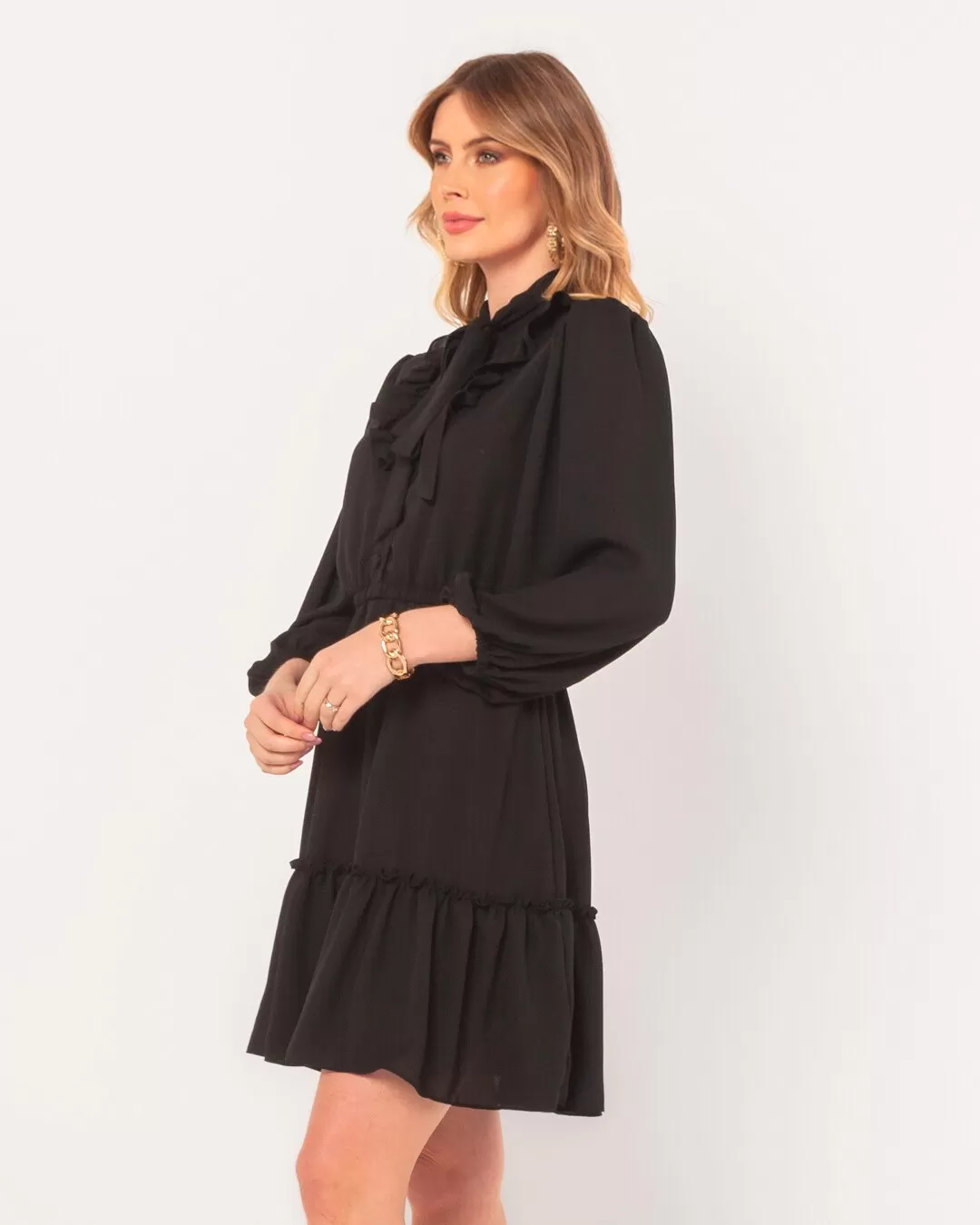 Miss Misses - Dress Miss Misses Crepe Puff Sleeve Frill Black - 54098PRETO