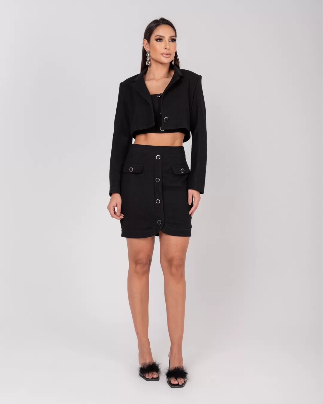 Miss Misses - Jaqueta Miss Misses Cropped Botão Tweed Preto - 54057PRETO