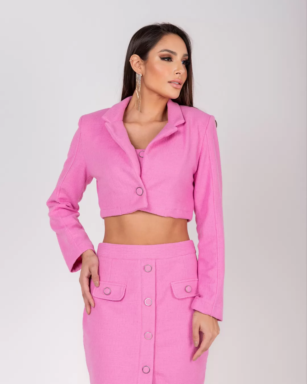 Miss Misses - Jaqueta Miss Misses Cropped Botão Tweed Rosa - 54057ROSA