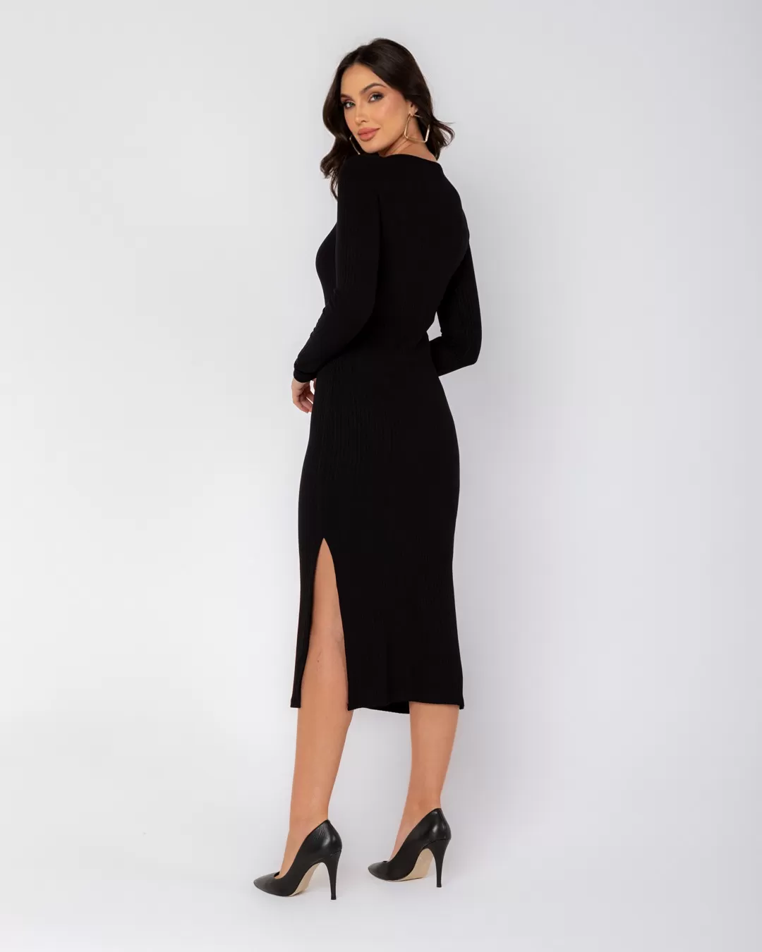 Miss Misses - Vestido Miss Misses Midi Com Fenda Preto - D0007PRETO