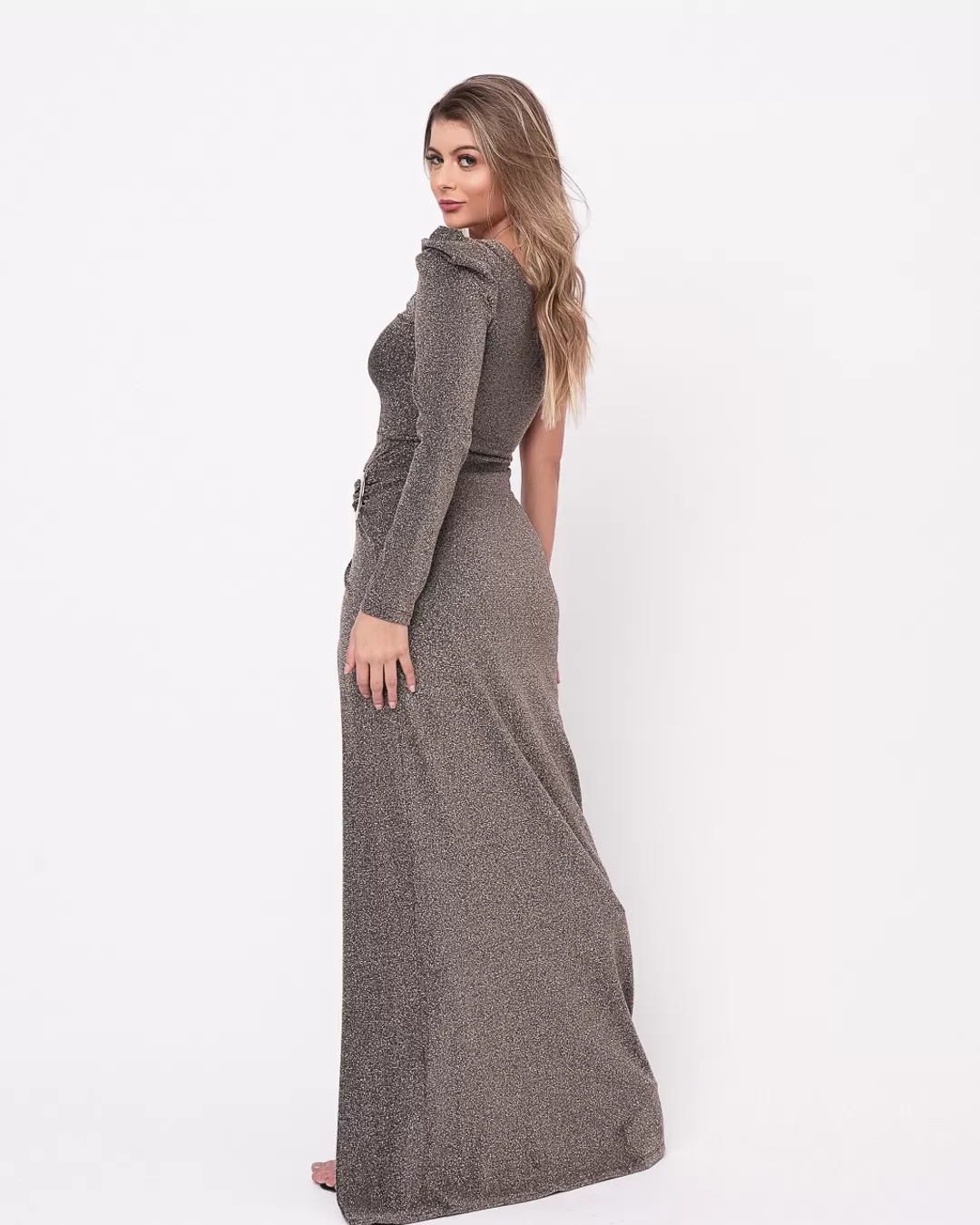 Miss Misses - Dress Miss Misses Long One Shoulder Lurex Black - 50344PRETO