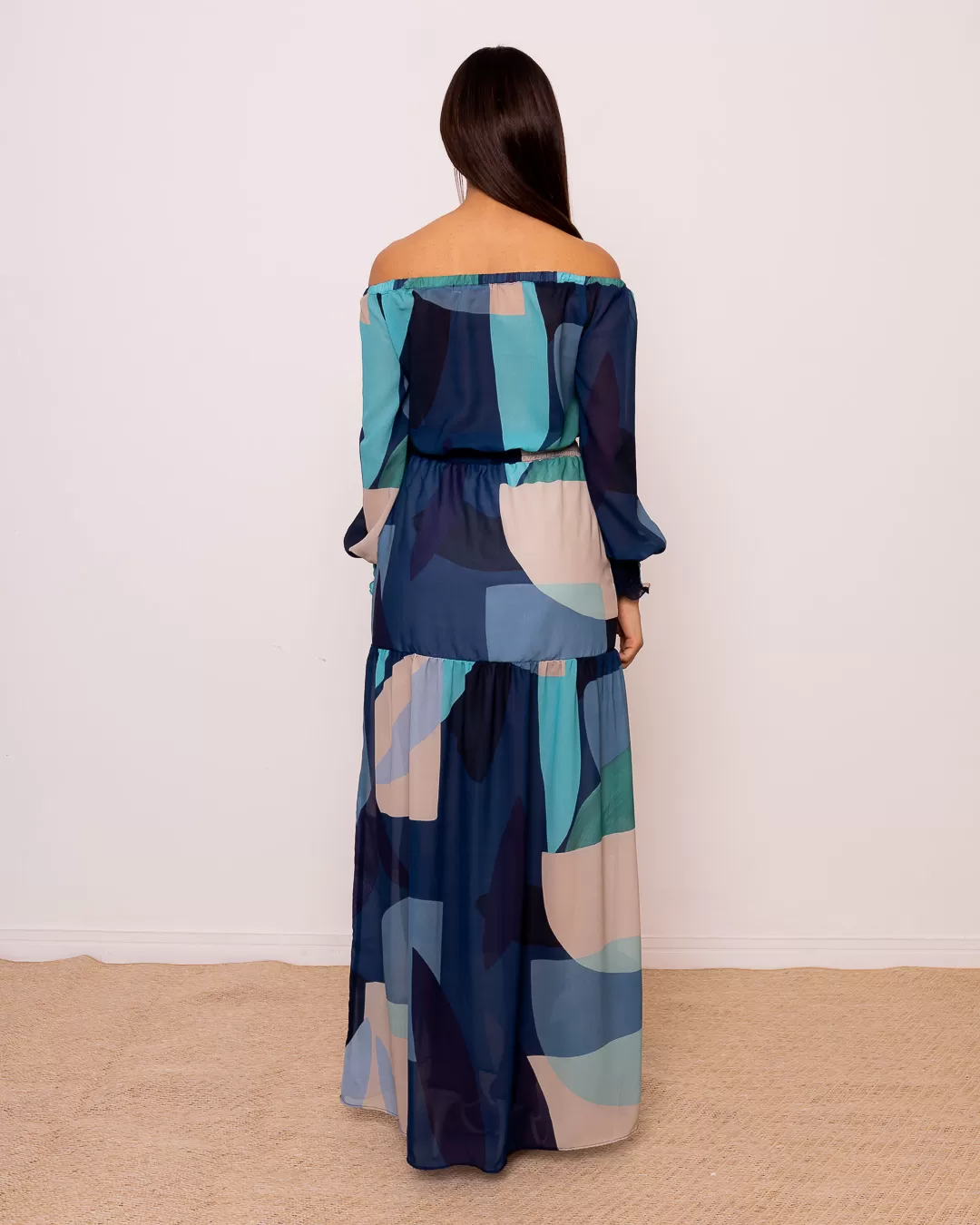 Miss Misses - Miss Misses Long Printed Dress With Blue Elastex - 18953AZUL