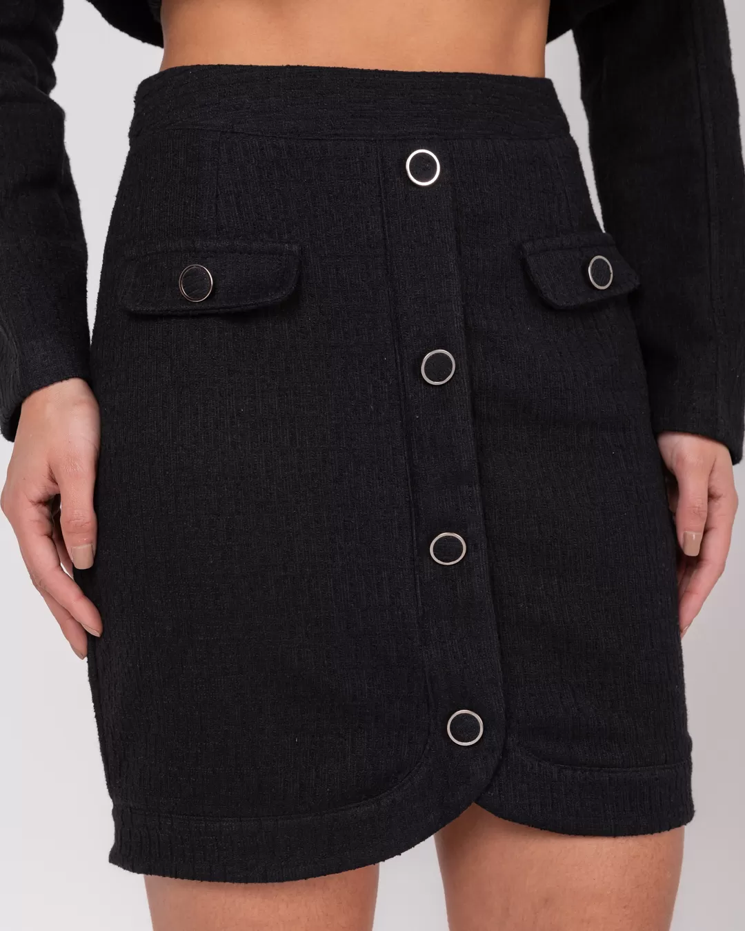 Miss Misses - Miss Misses Tweed Skirt With Black Button Detail - 54058PRETO