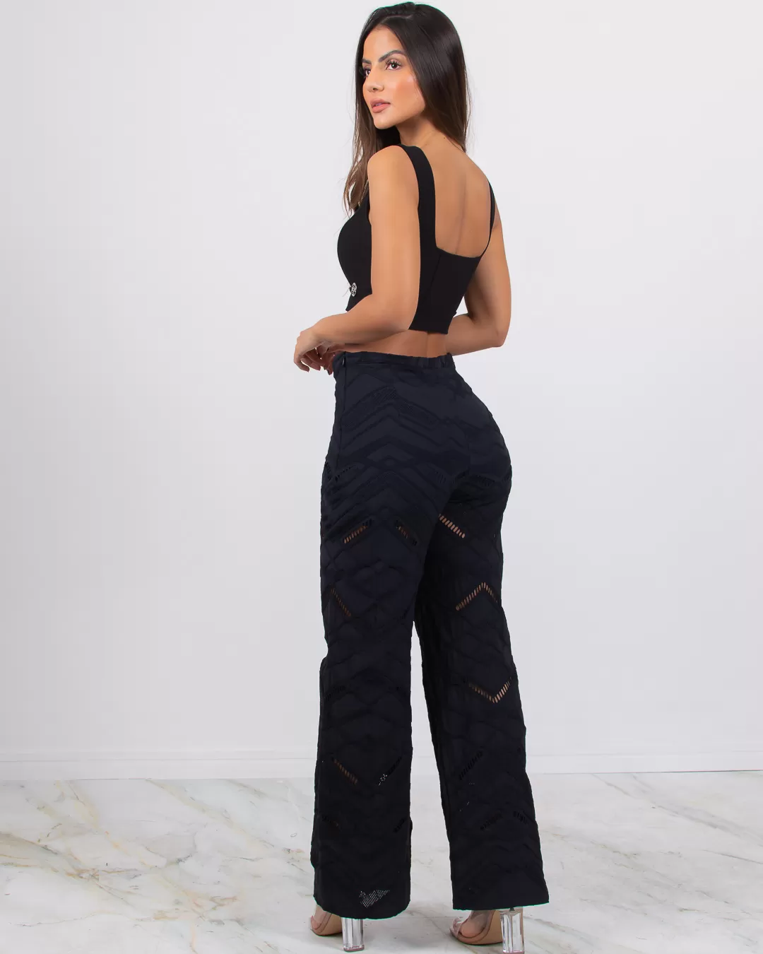 Miss Misses - Calça Miss Misses Pantalona de Malha Vazada com Zíper Preto - 115910PRETO