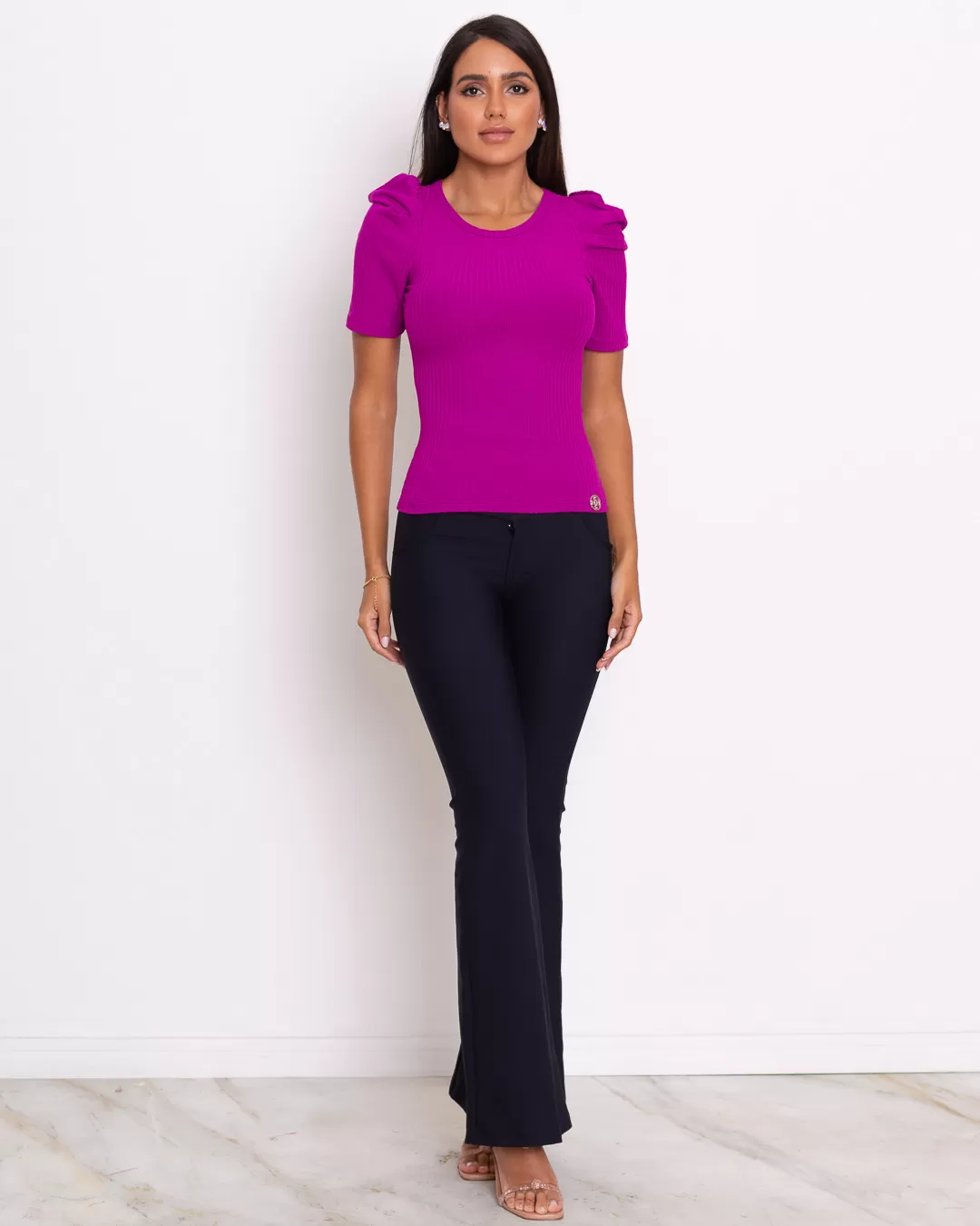 Miss Misses - Miss Misses Ribbed Princess Fuchsia Sleeve Shirt - 80496ROXO