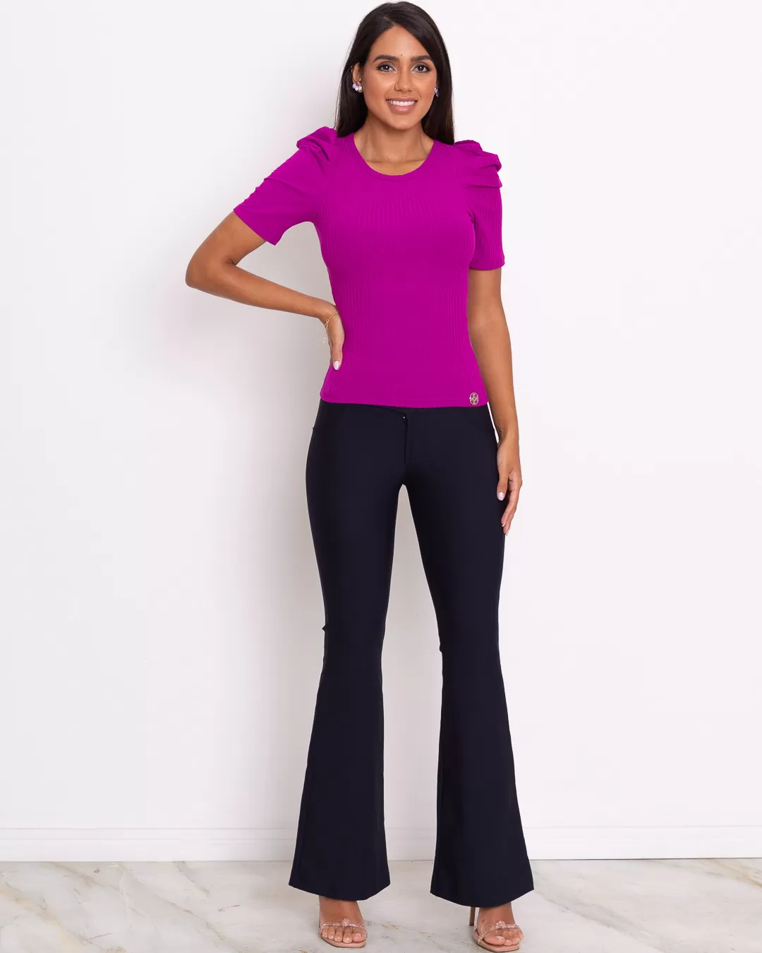 Miss Misses - Miss Misses Ribbed Princess Fuchsia Sleeve Shirt - 80496ROXO