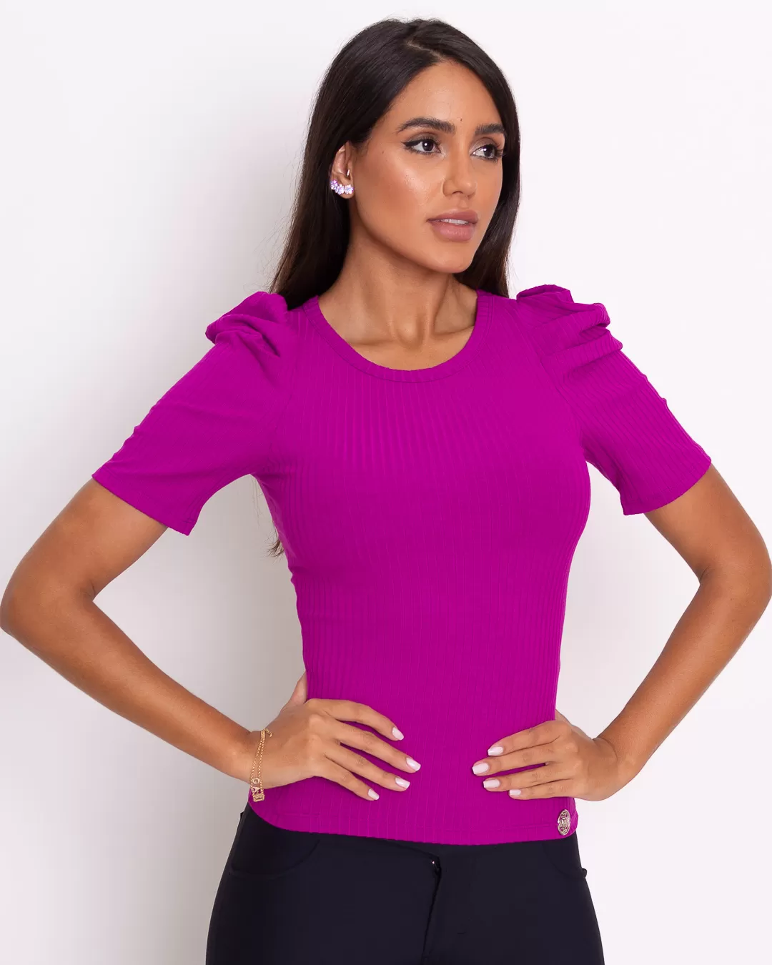 Miss Misses - Miss Misses Ribbed Princess Fuchsia Sleeve Shirt - 80496ROXO