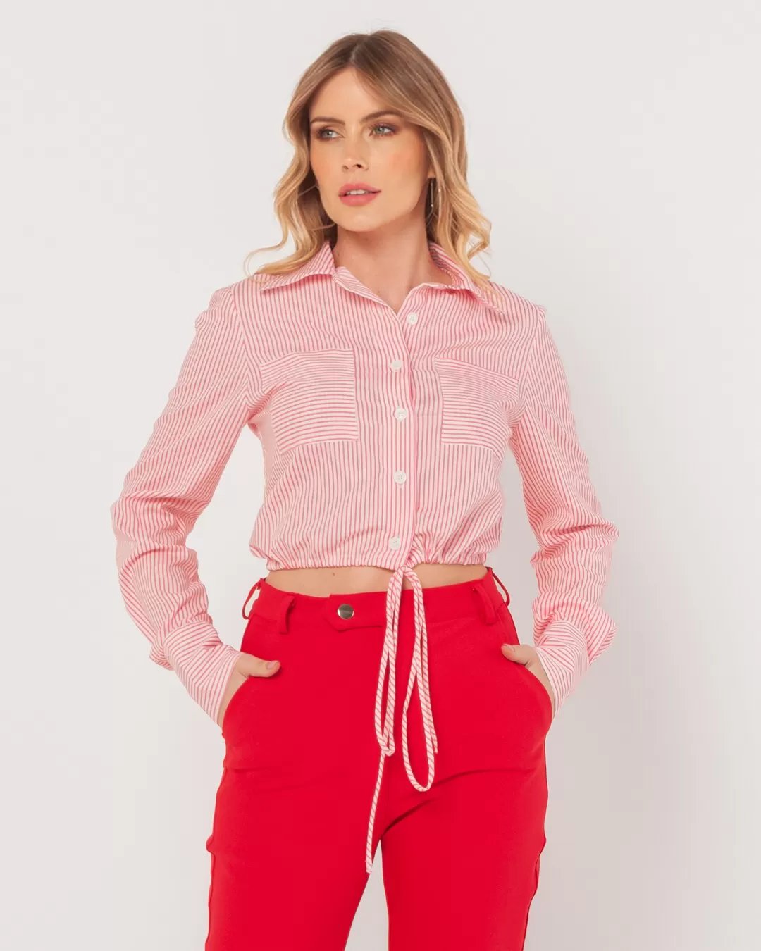 Miss Misses - Miss Misses Striped Cropped Shirt With Pink Pocket - 54090ROSA