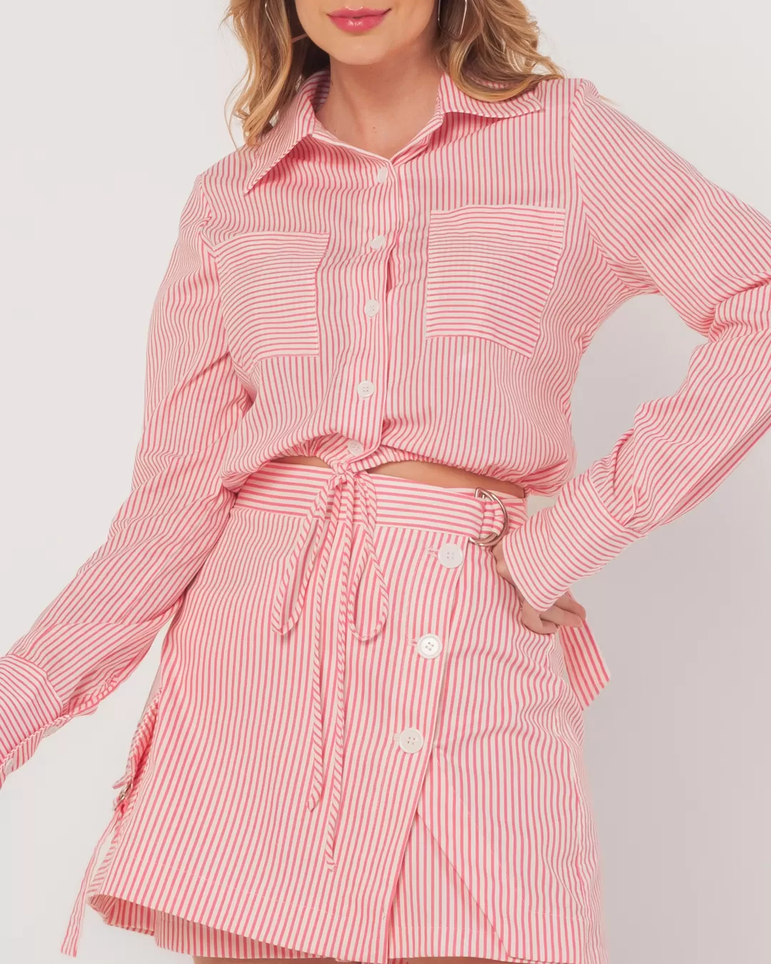 Miss Misses - Miss Misses Striped Cropped Shirt With Pink Pocket - 54090ROSA