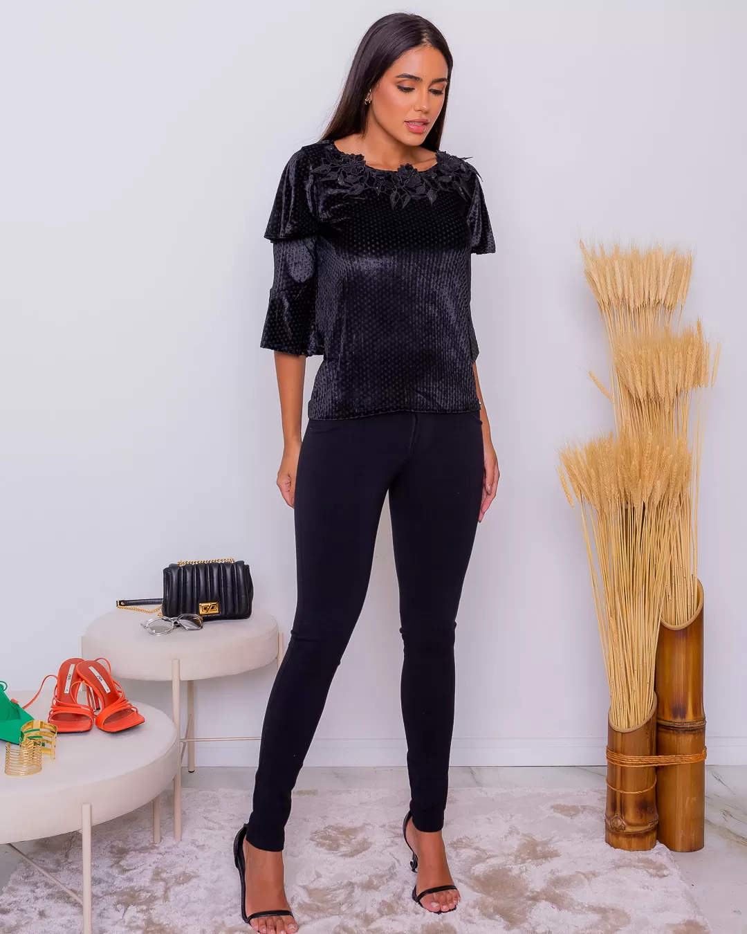 Miss Misses - Miss Misses Velvet Shirt With Black Guipir - 115929PRETO