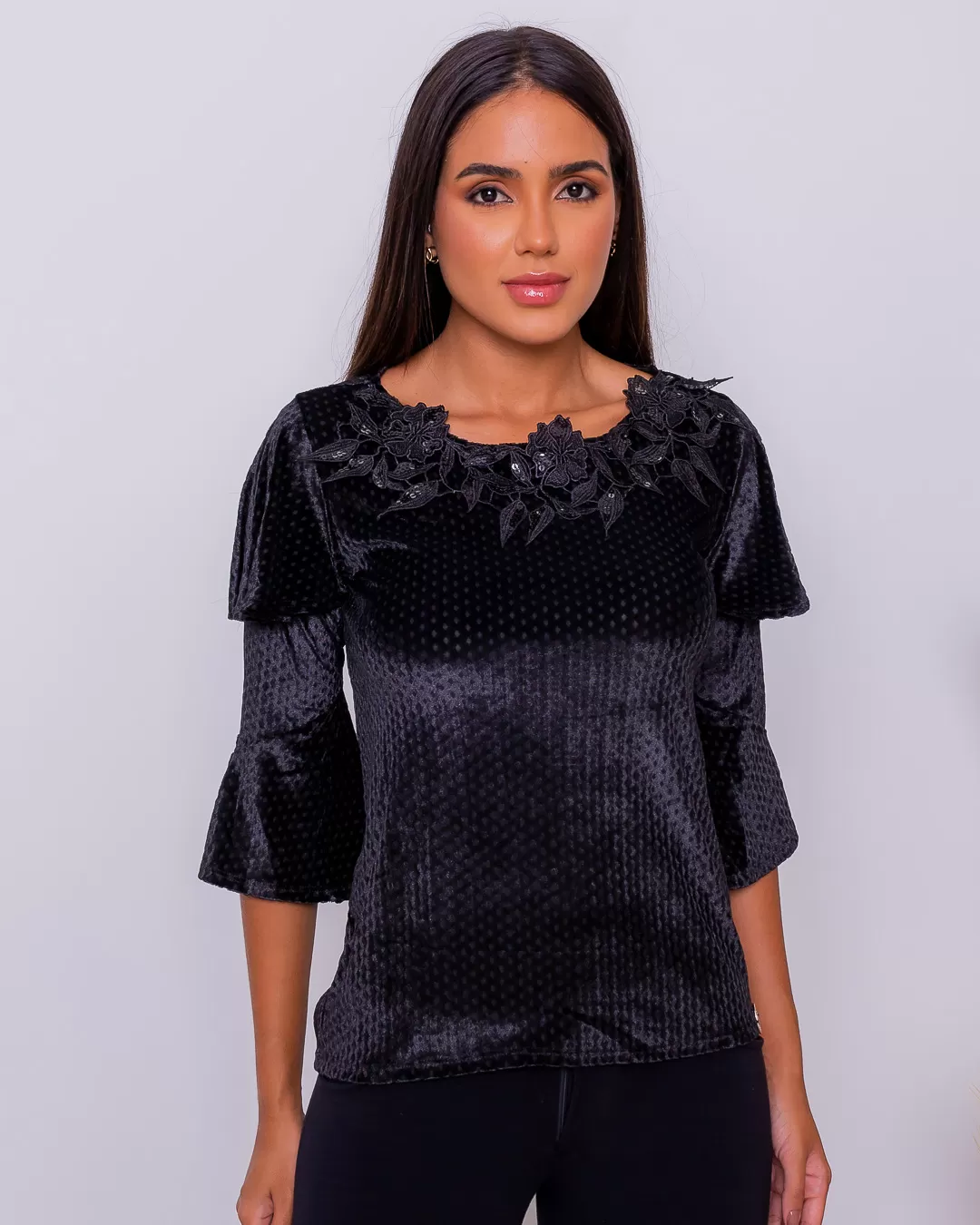 Miss Misses - Miss Misses Velvet Shirt With Black Guipir - 115929PRETO