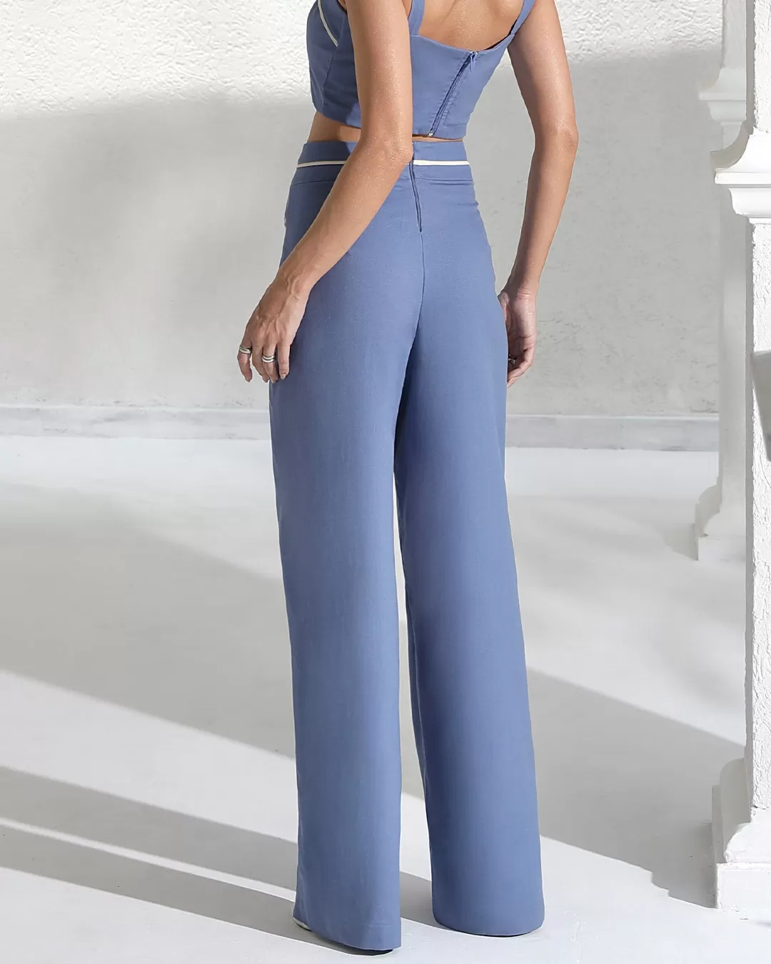 Miss Misses - Miss Misses Linen Pants With Blue Frizo Detail - 54190AZUL