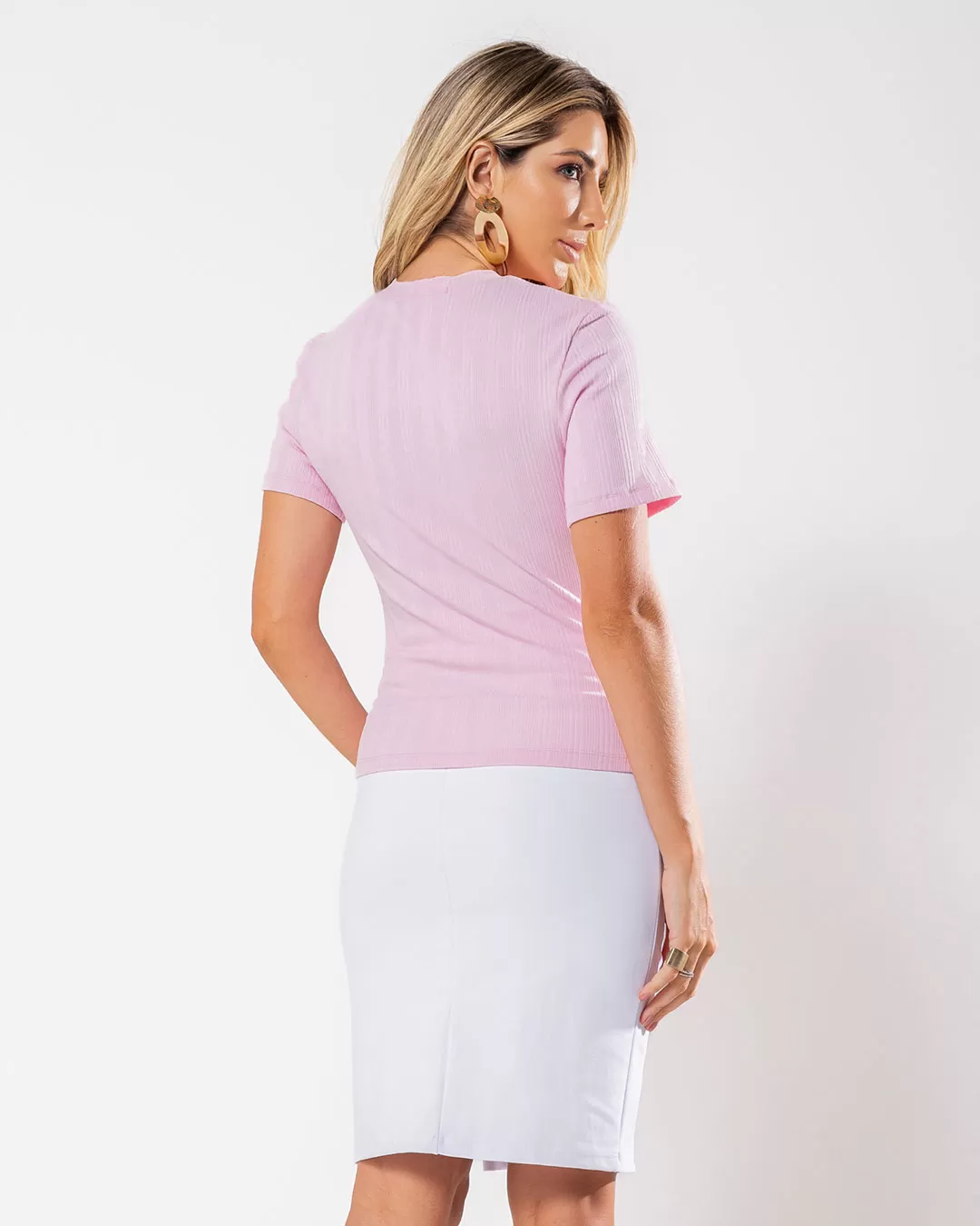 Miss Misses - Miss Misses Ribbed Short Sleeve Pink Shirt - 54180ROSA