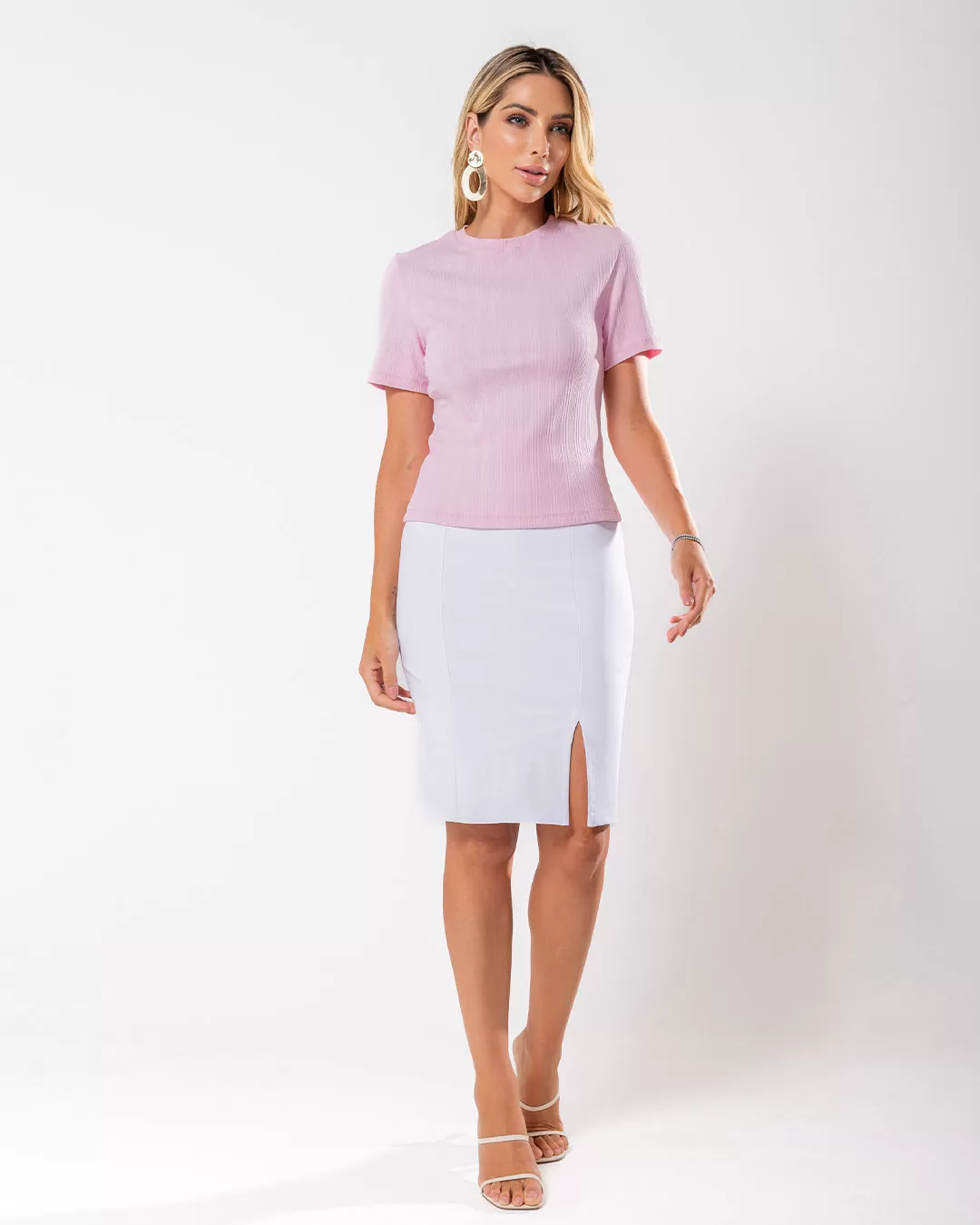 Miss Misses - Miss Misses Ribbed Short Sleeve Pink Shirt - 54180ROSA