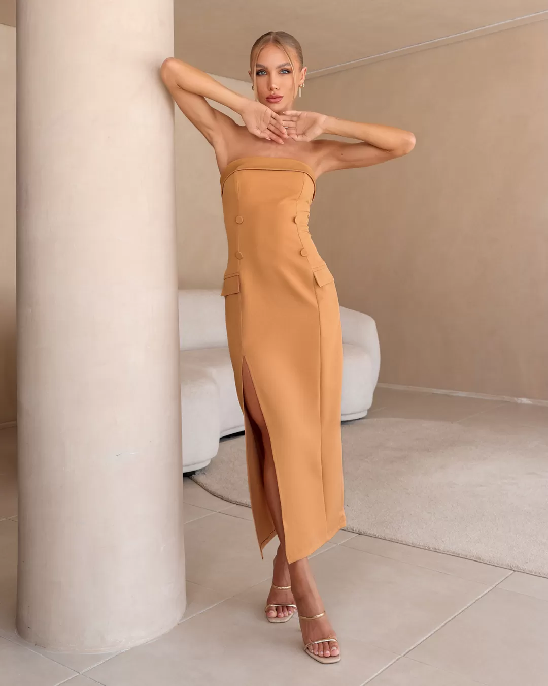 Dot Clothing - Vestido Dot Clothing Midi TQC Botões Bege - 2291BEGE