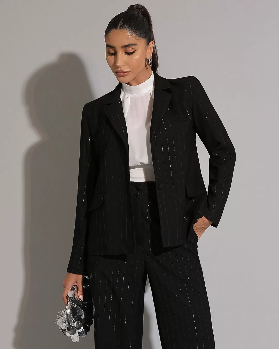 Miss Misses - Miss Misses Lurex Blazer With Shoulder Pads and Black Button - 54219PRETO