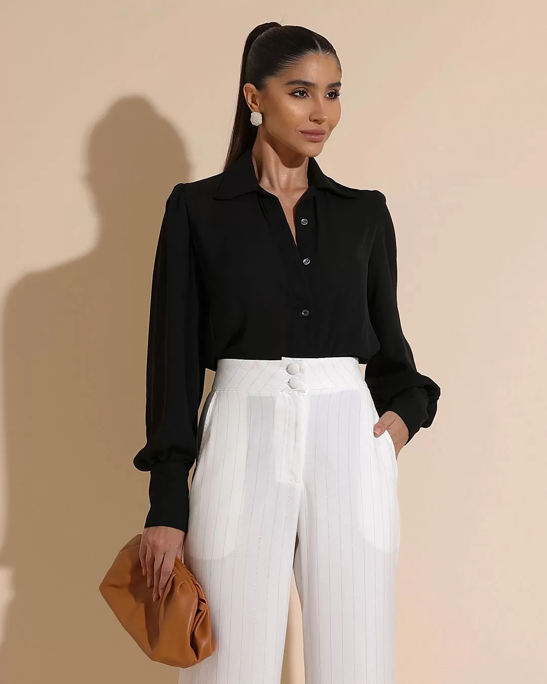 Miss Misses - Miss Misses Long Chiffon Shirt Buttons Black - 54221001