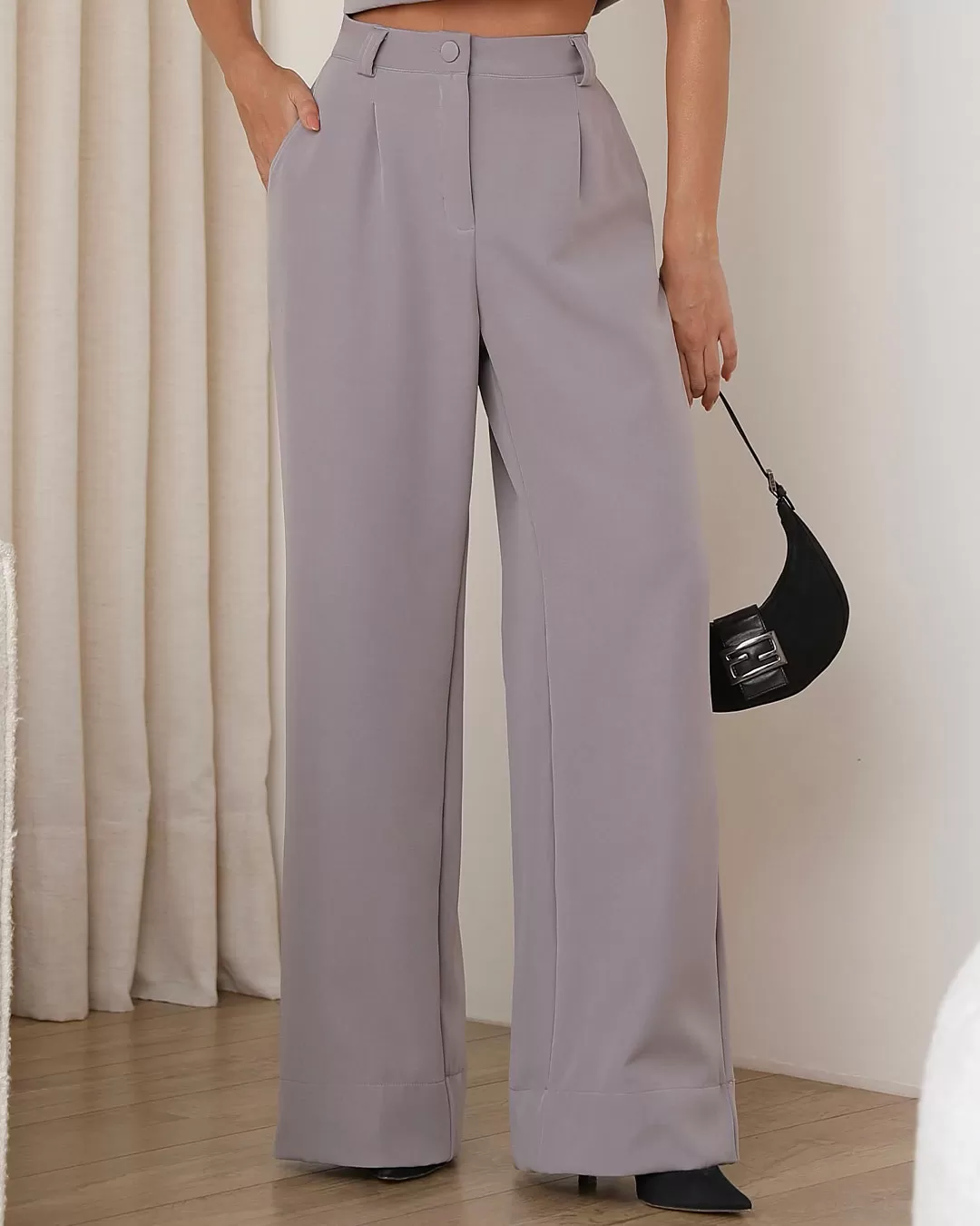 Miss Misses - Conjunto Miss Misses Cropped e Calça Wide Leg Chumbo - 54248022