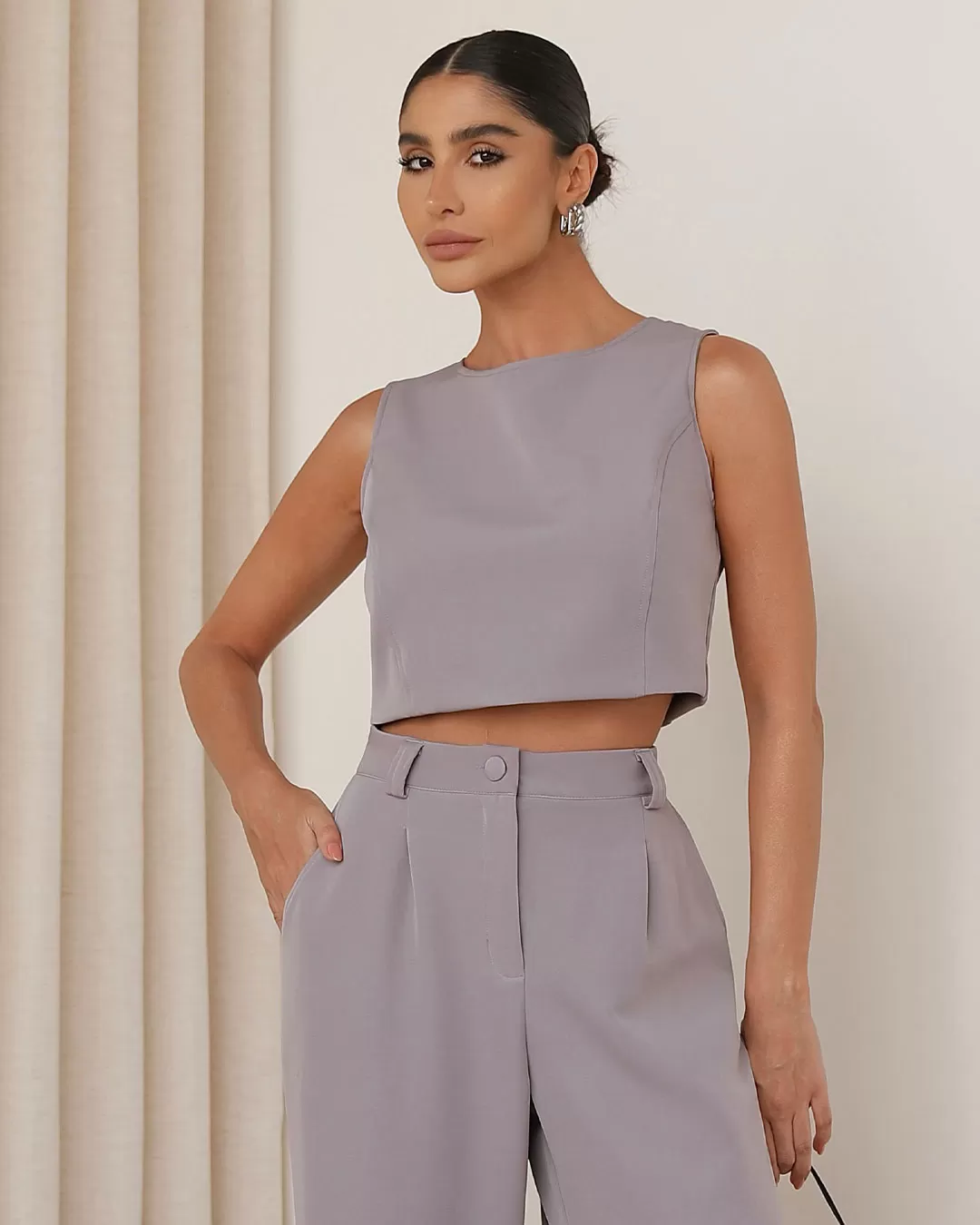 Miss Misses - Conjunto Miss Misses Cropped e Calça Wide Leg Chumbo - 54248022