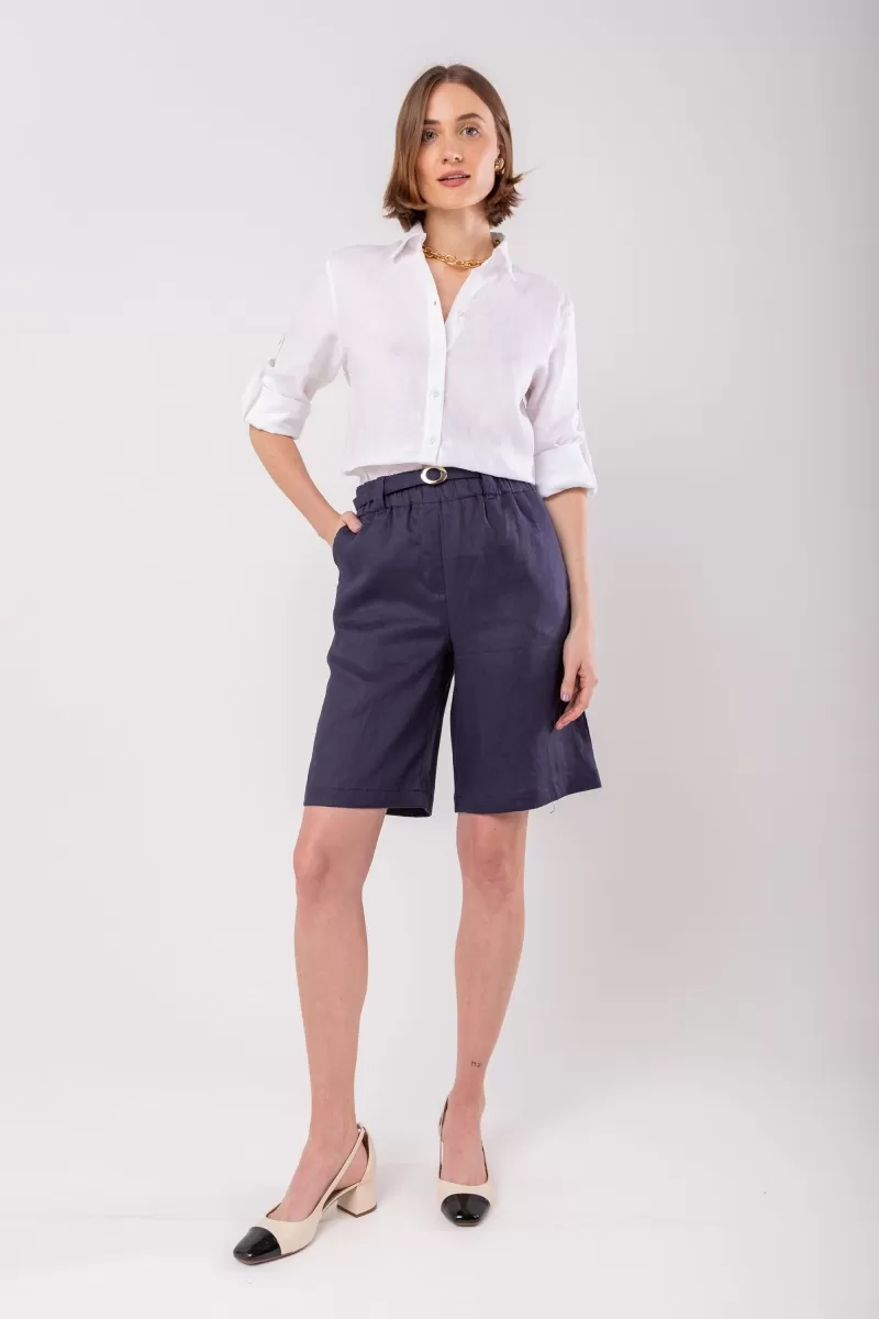 Hidrogênio - BERMUDA C/ CINTO DE LINHO PURO MARINHO - 19978004