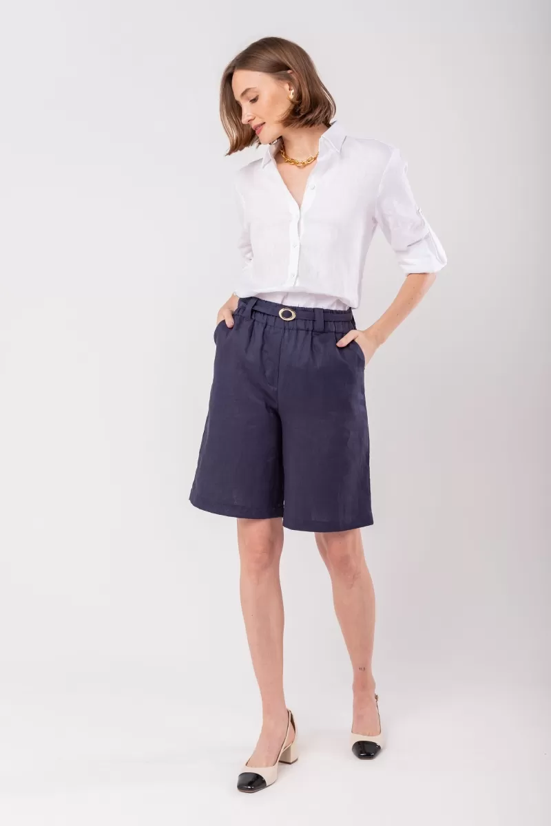 Hidrogênio - BERMUDA C/ CINTO DE LINHO PURO MARINHO - 19978004