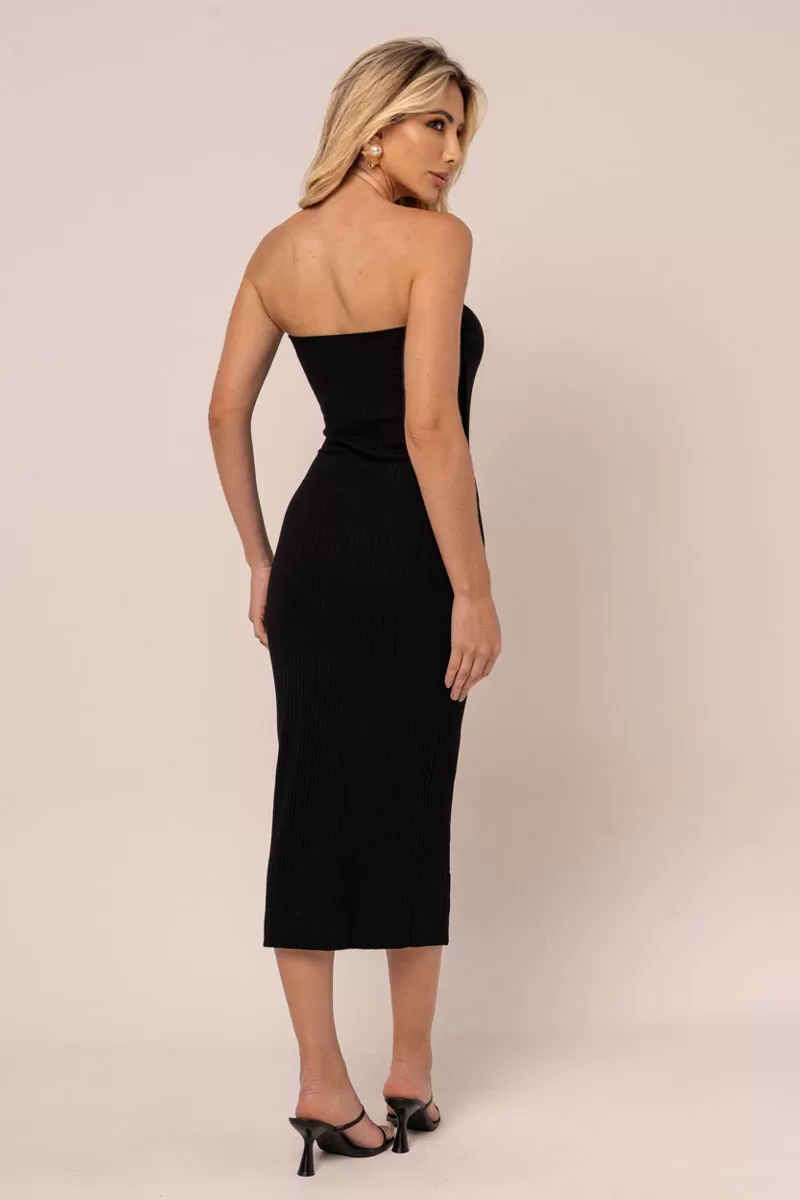 Miss Misses - Vestido Miss Misses Midi Canelado Sem Alças Preto - 54258PRETO