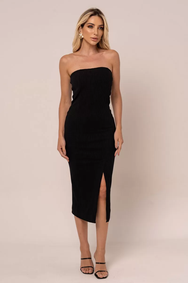 Miss Misses - Vestido Miss Misses Midi Canelado Sem Alças Preto - 54258PRETO